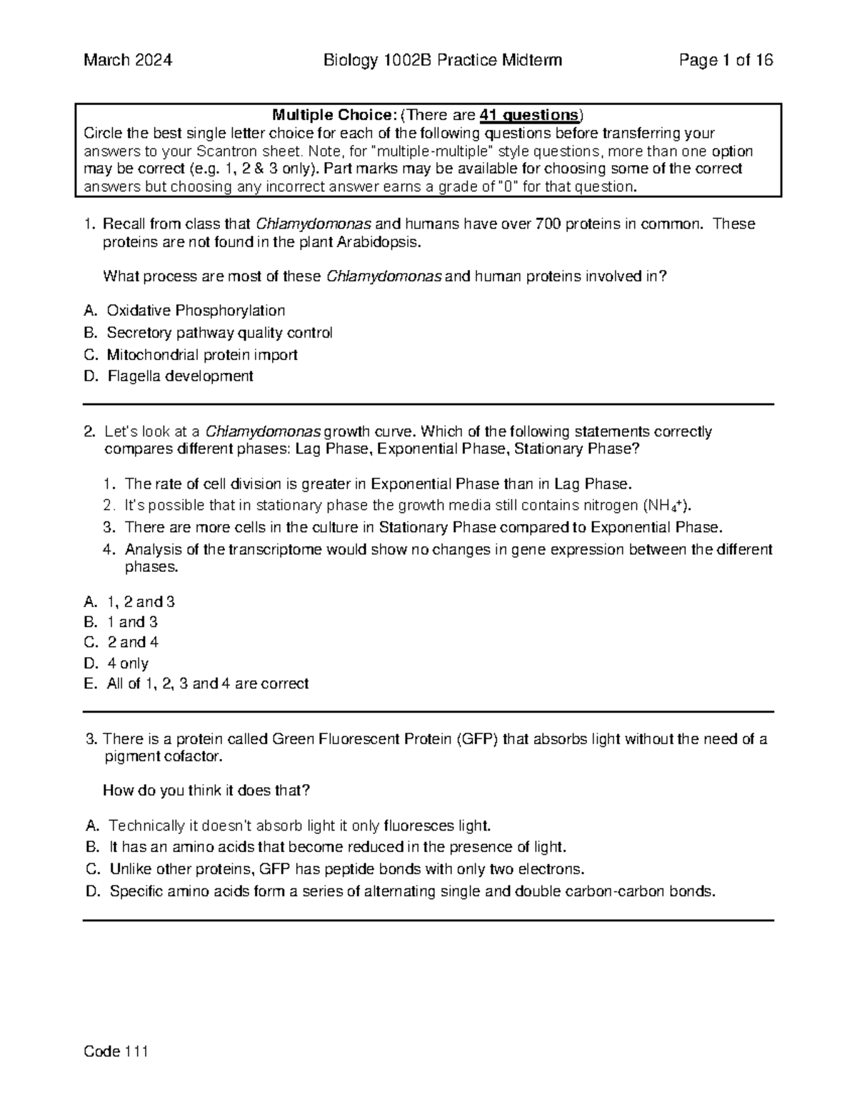 1002B Practice Midterm 2024 - Multiple Choice: (There are 41 questions ...