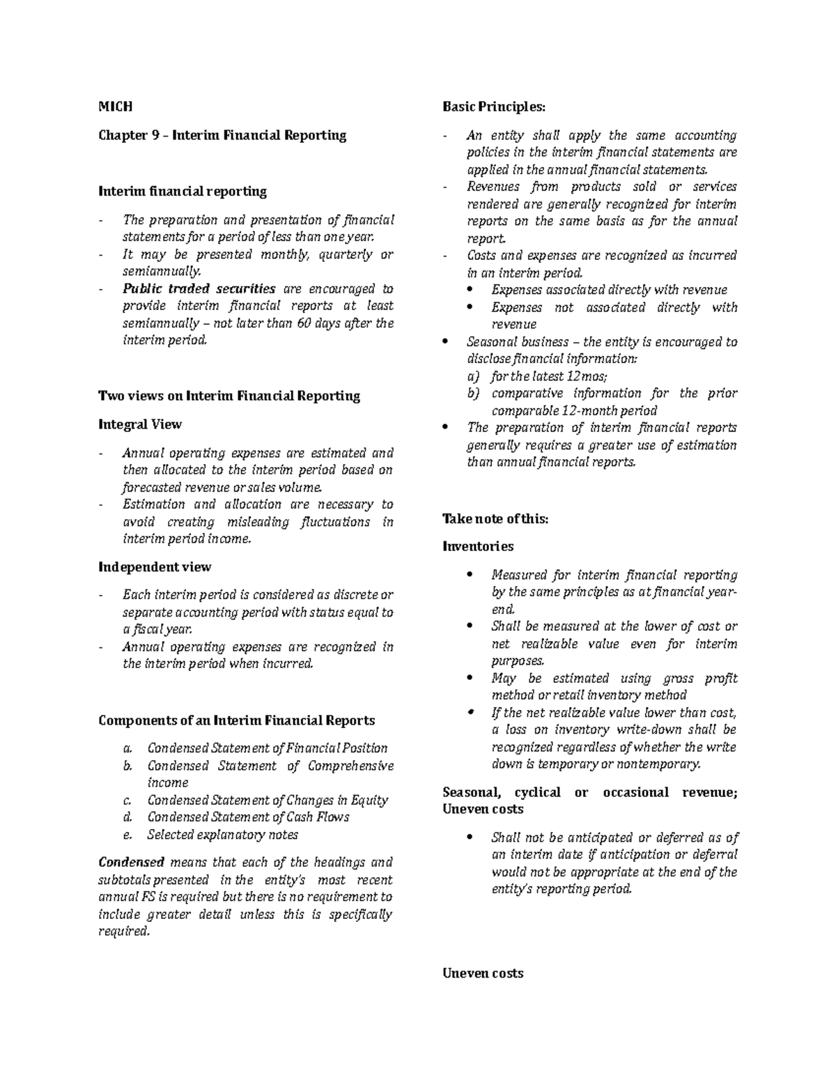 Chapter 9 - MICH Chapter 9 – Interim Financial Reporting Interim ...