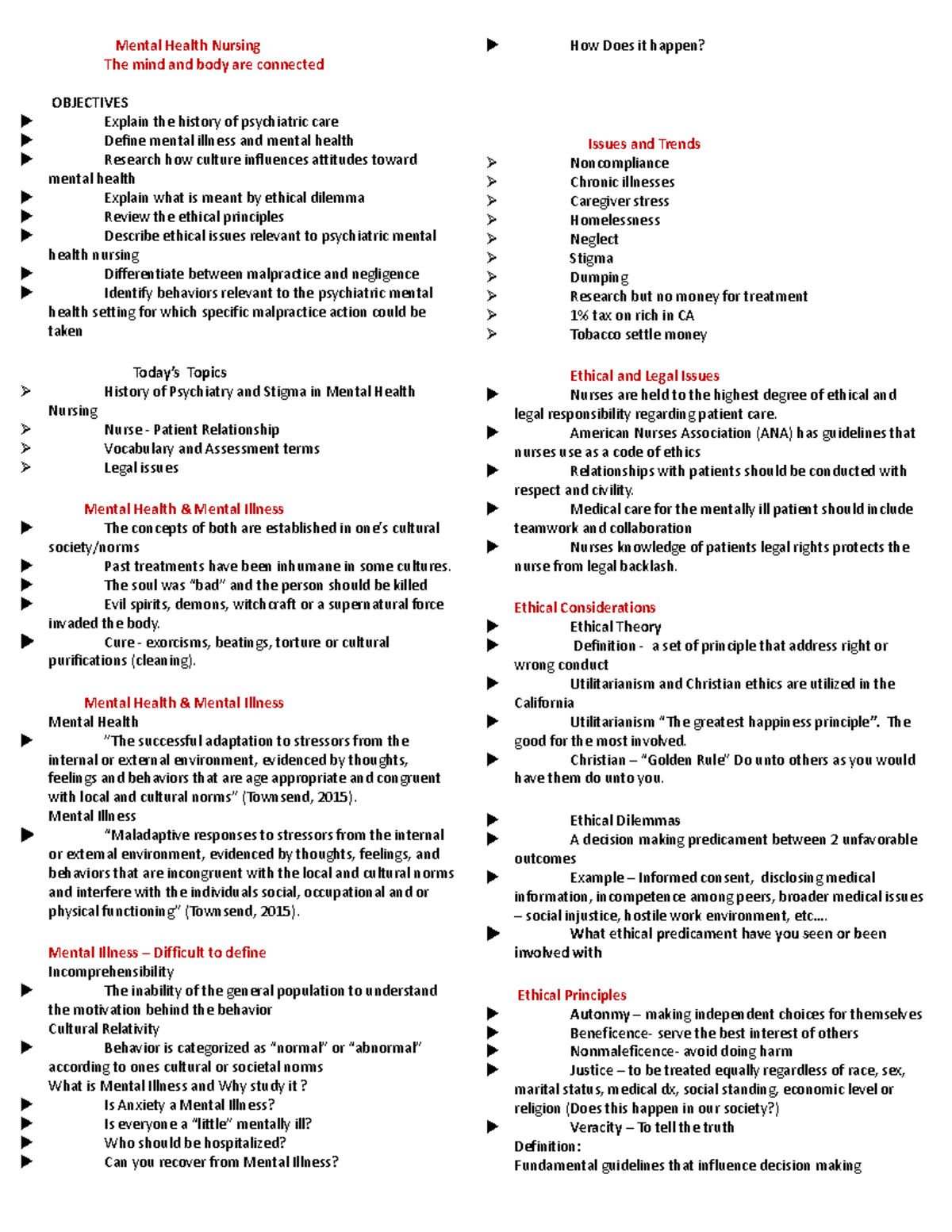 MH Legal notes - Mental Health Nursing The mind and body are connected ...