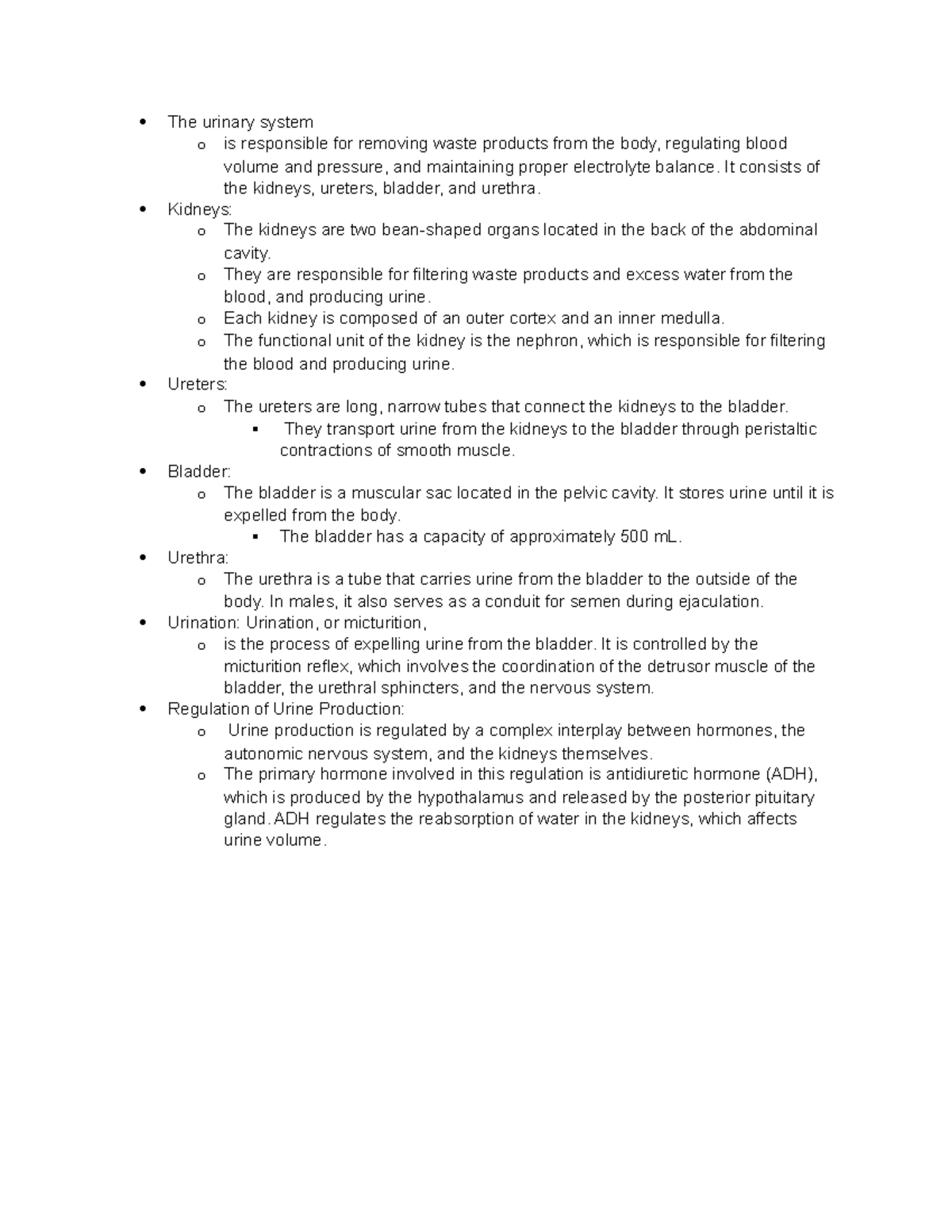 Antomy notes- urinary system - The urinary system o is responsible for ...