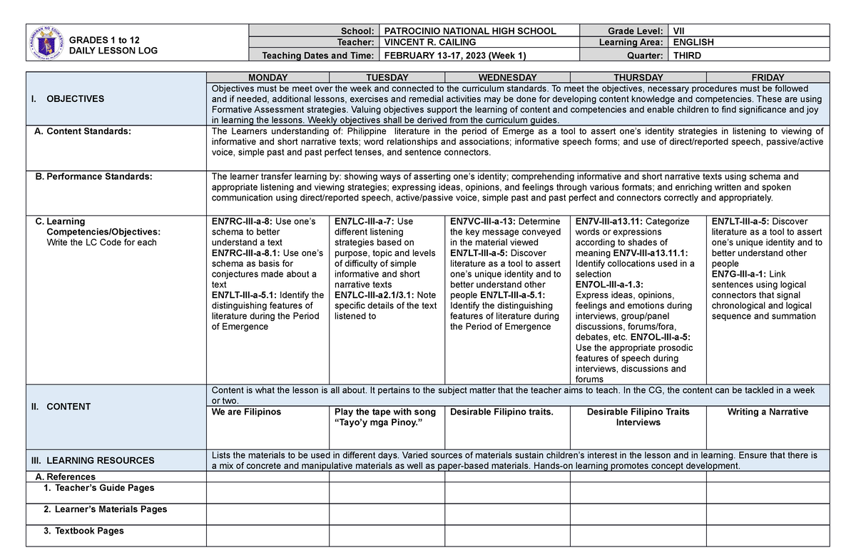 English 7 Third Quarter Week 1 - GRADES 1 to 12 DAILY LESSON LOG School ...