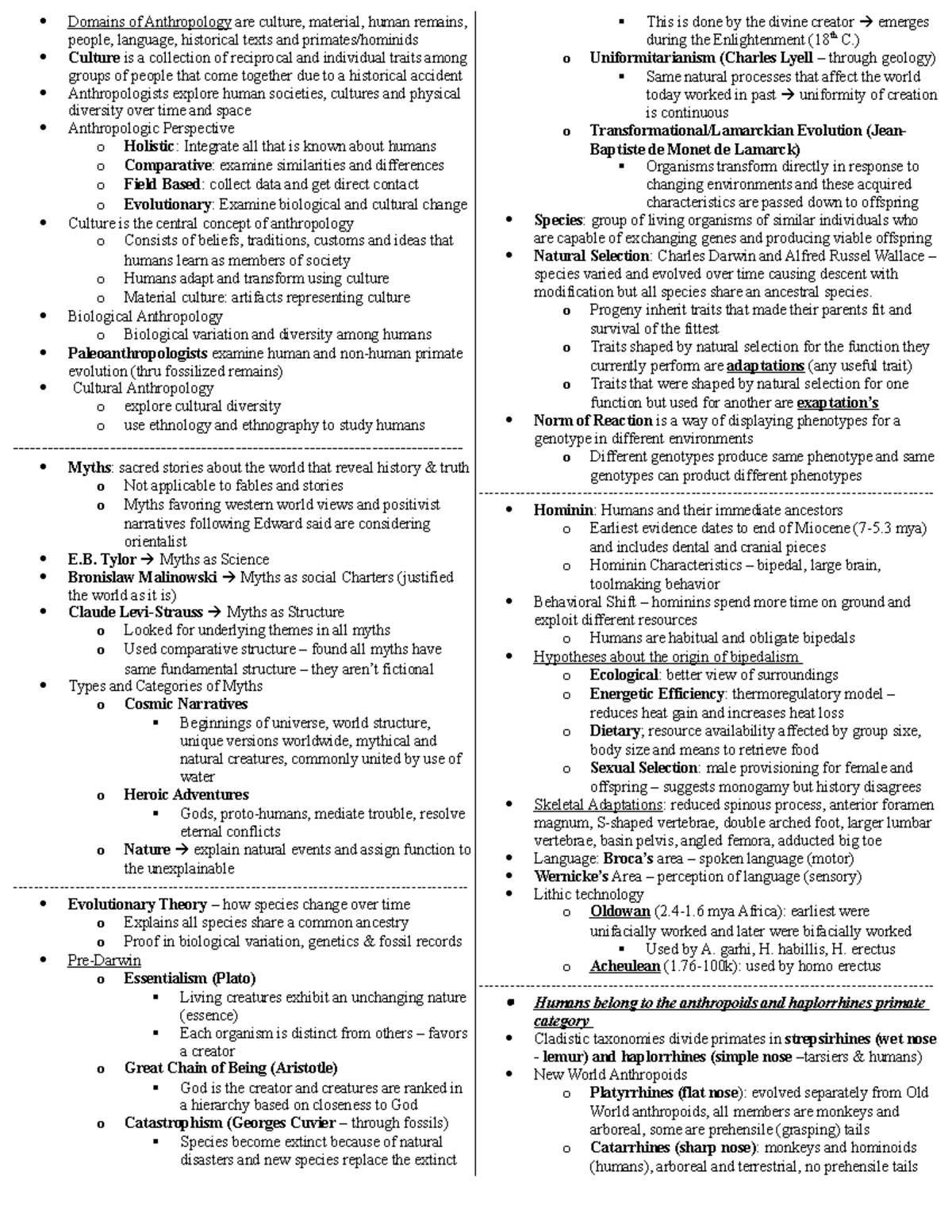 ANTH 101 Exam 1 Note Sheet - Domains Of Anthropology Are Culture ...