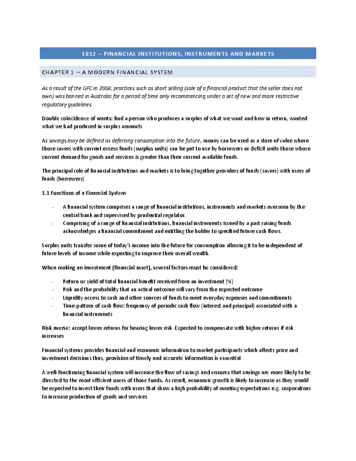 Notes - 1612 – FINANCIAL INSTITUTIONS, INSTRUMENTS AND MARKETS CHAPTER ...
