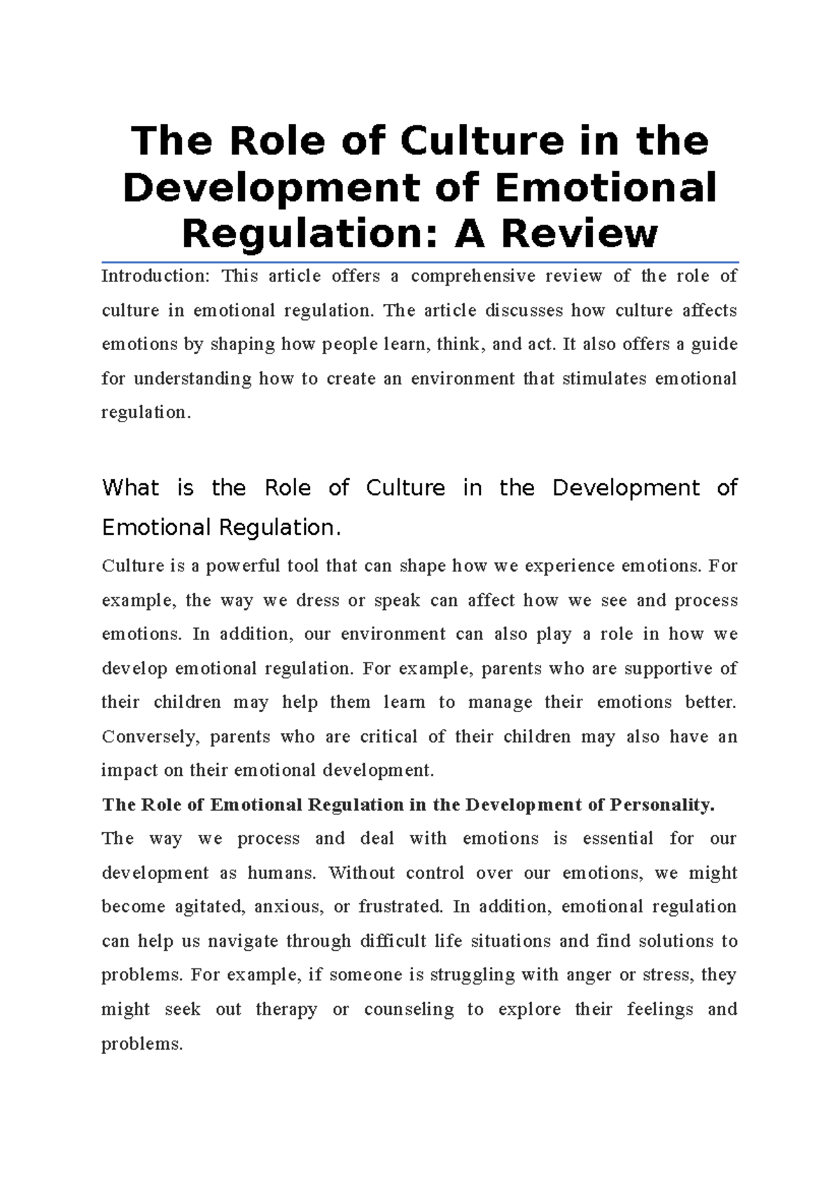 The Role of Culture in the Development of Emotional Regulation, A ...