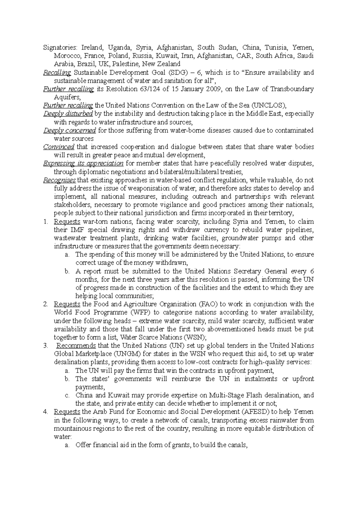 Resolution Merged DISEC HMUN - Signatories: Ireland, Uganda, Syria ...