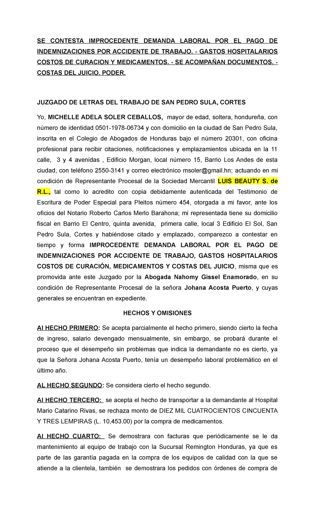 Contestacion DE Demanda Laboral POR Accidente DE Trabajo - SE CONTESTA  IMPROCEDENTE DEMANDA LABORAL - Studocu