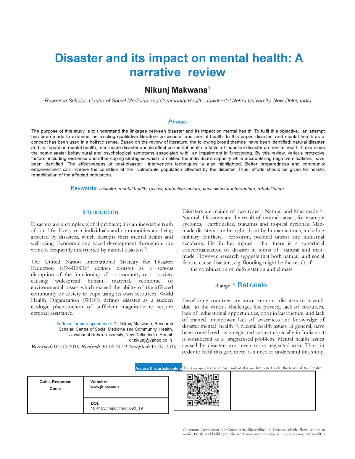 Disaster And Its Impact On Mental Health- A Narrative Review - Review ...