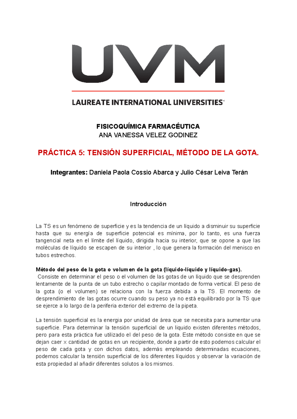 Reporte Fisicoquímica - FISICOQUÍMICA FARMACÉUTICA ANA VANESSA VELEZ ...