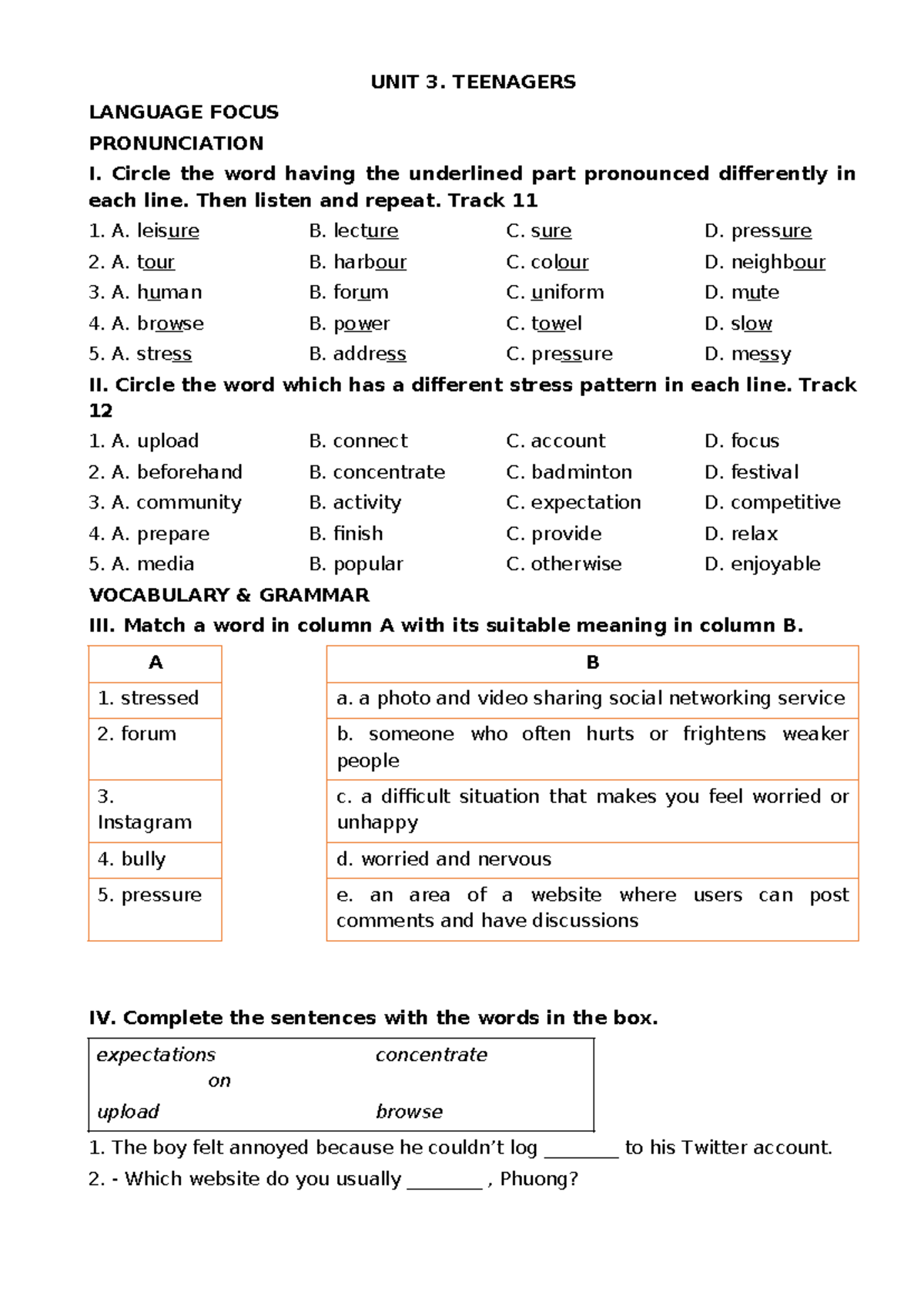 UNIT 3 For Grade 8 to review Unit 3 UNIT 3. TEENAGERS LANGUAGE