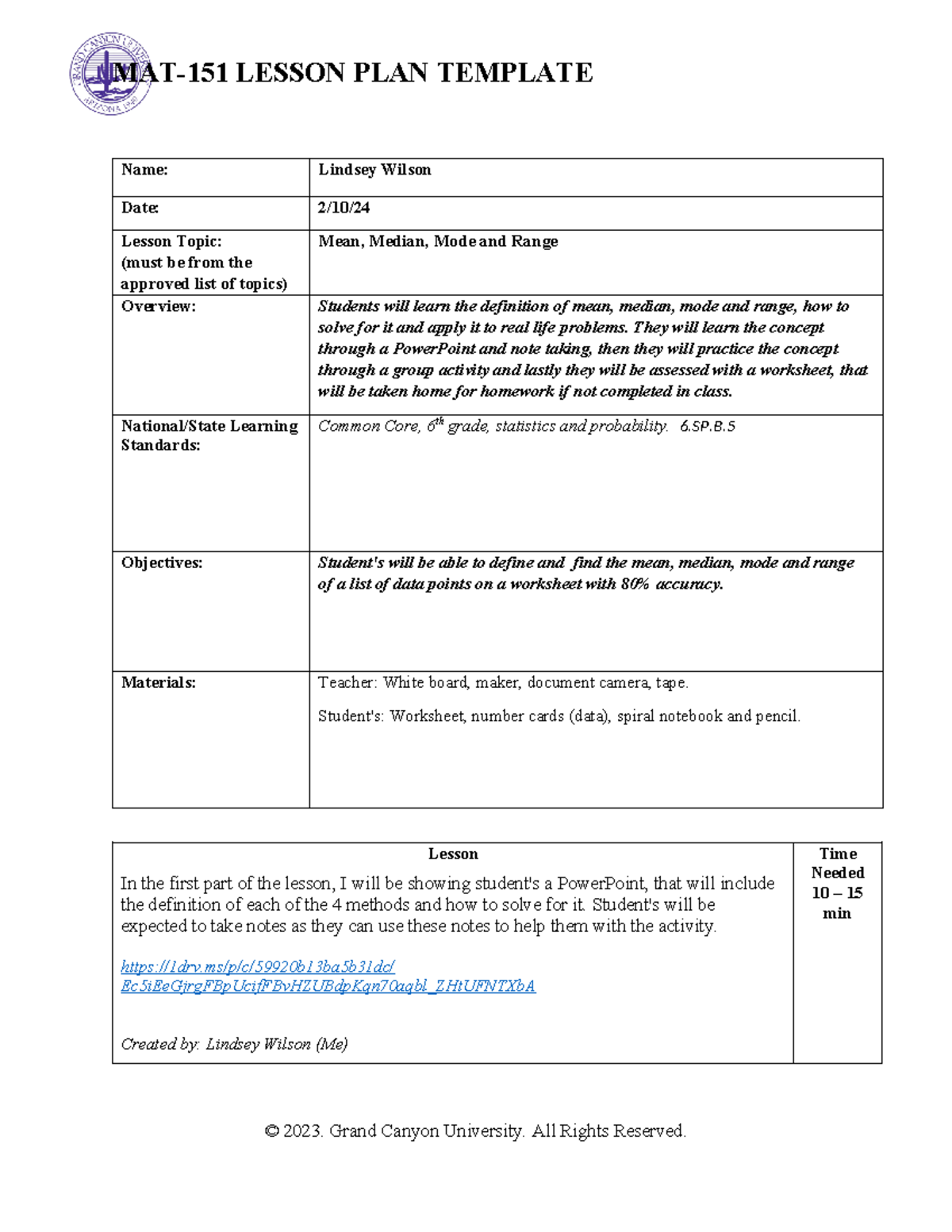 Mean, range, mode & median lesson plan - MAT-151 LESSON PLAN TEMPLATE ...