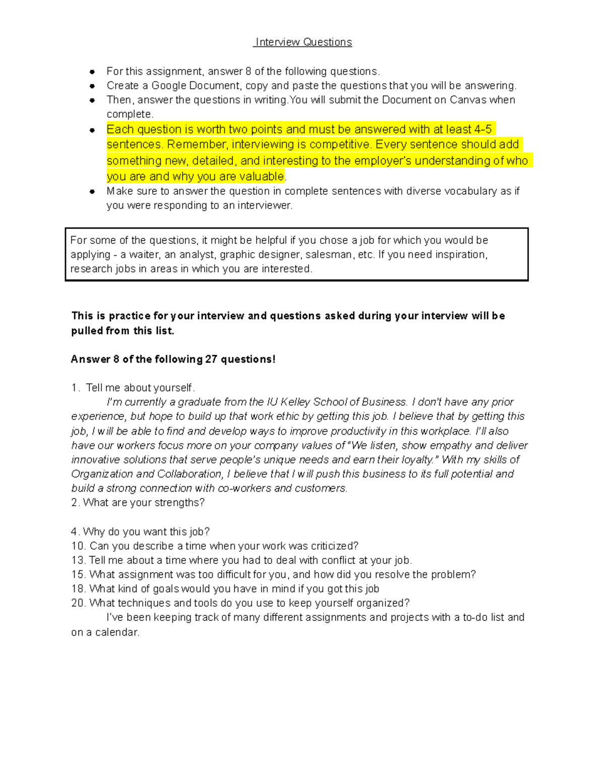 Interview Question Assignment - Interview Questions For this assignment ...