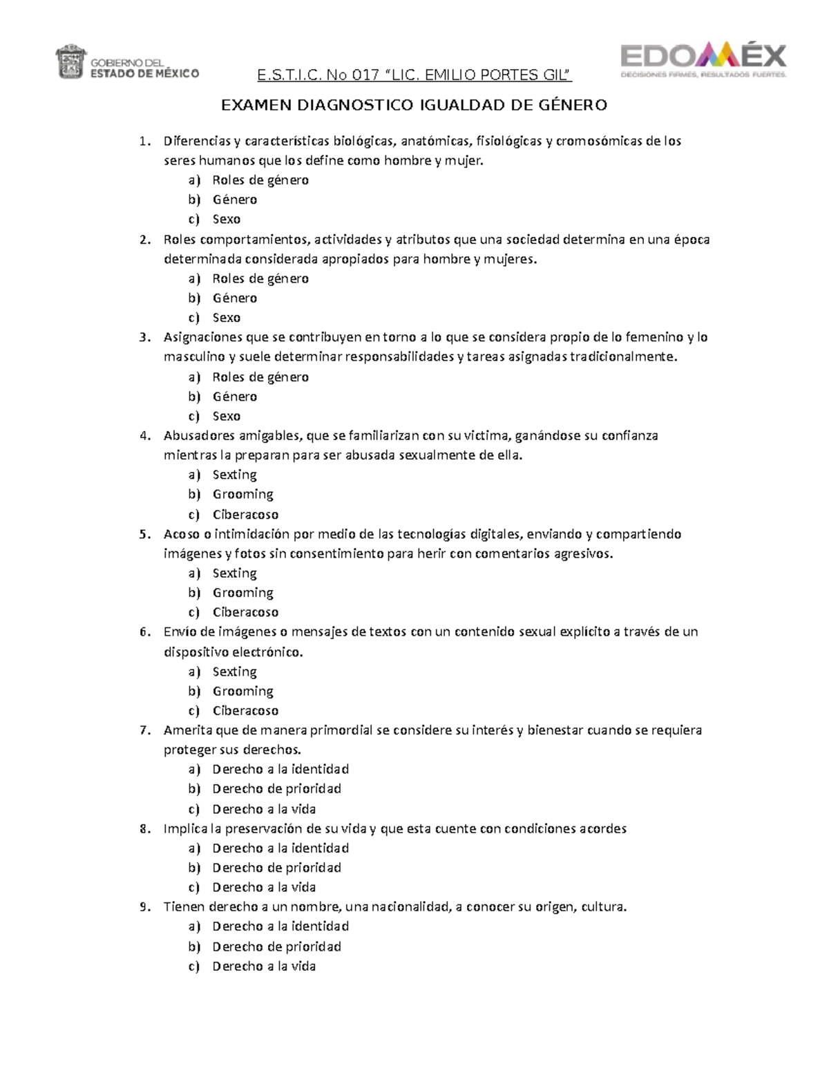 Examen Diagnostico Igualdad DE Género E S T I No 017 LIC EMILIO