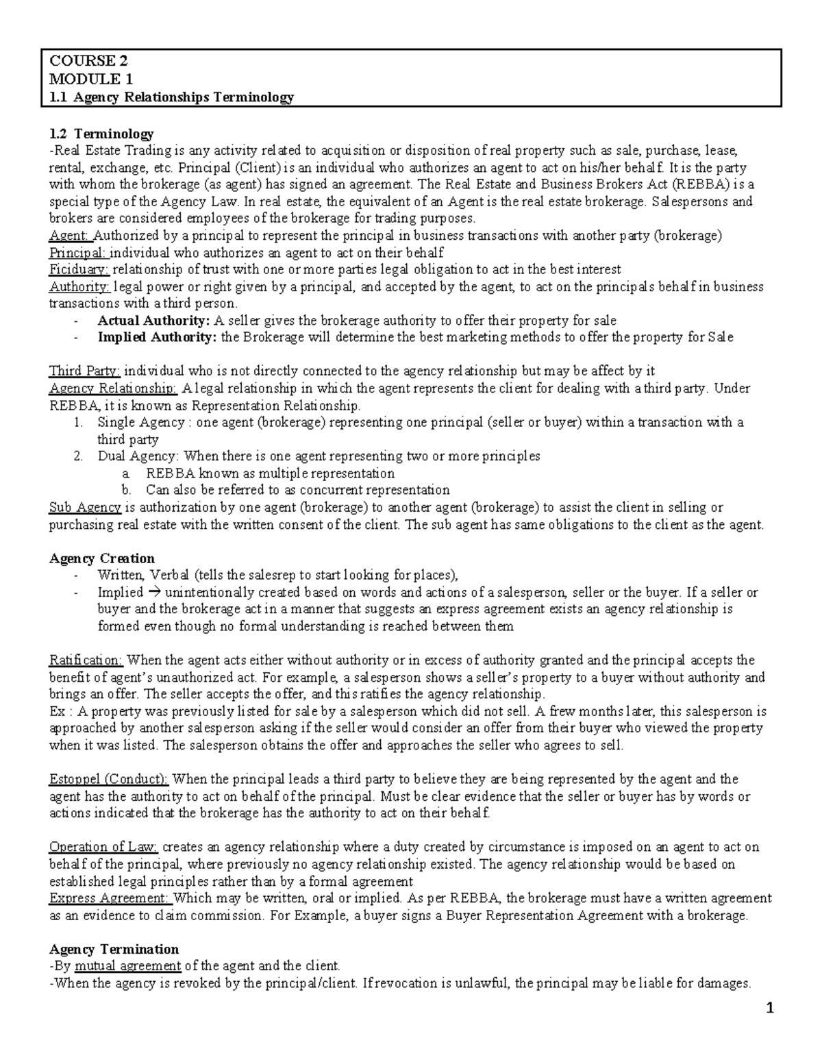 Course 2 Humber Real Estate SM COURSE 2 MODULE 1 1 Agency
