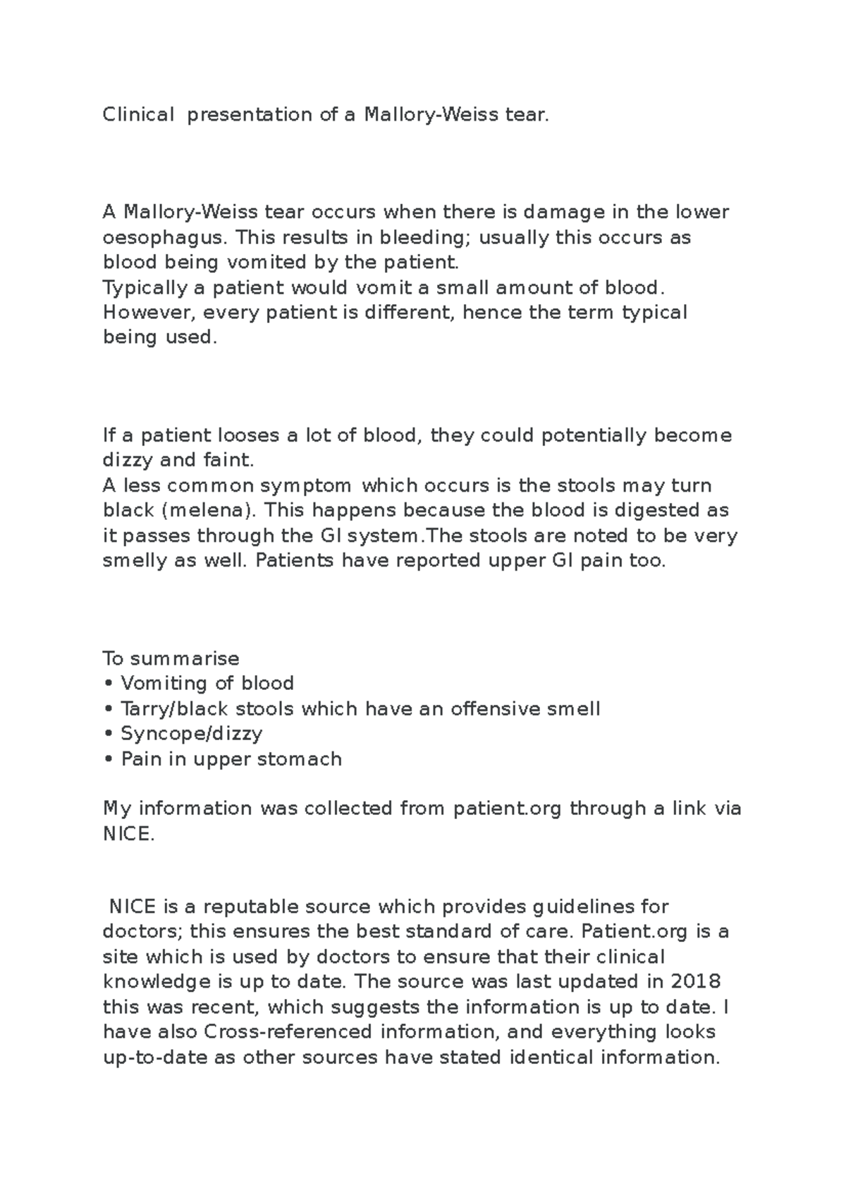 Mallory weiss tear notes Clinical presentation of a MalloryWeiss