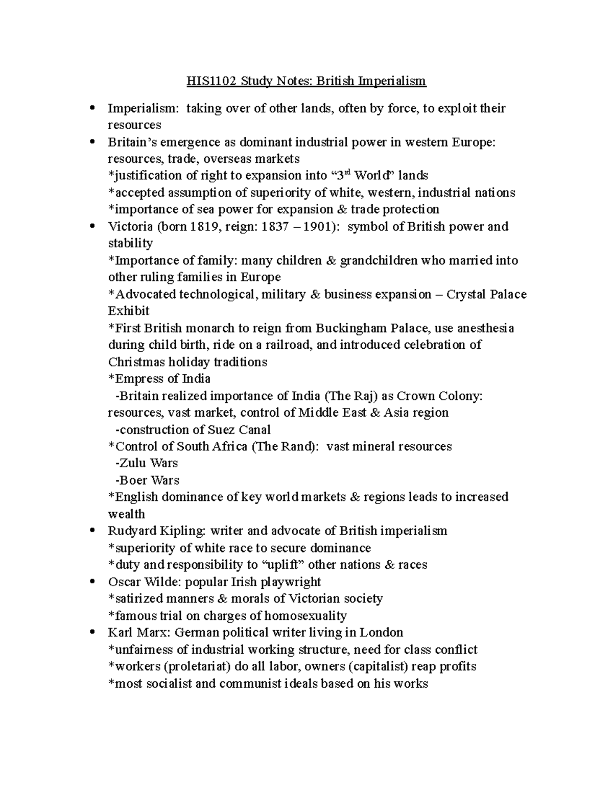 Study Guide For British Imperialism - HIS1102 Study Notes: British ...