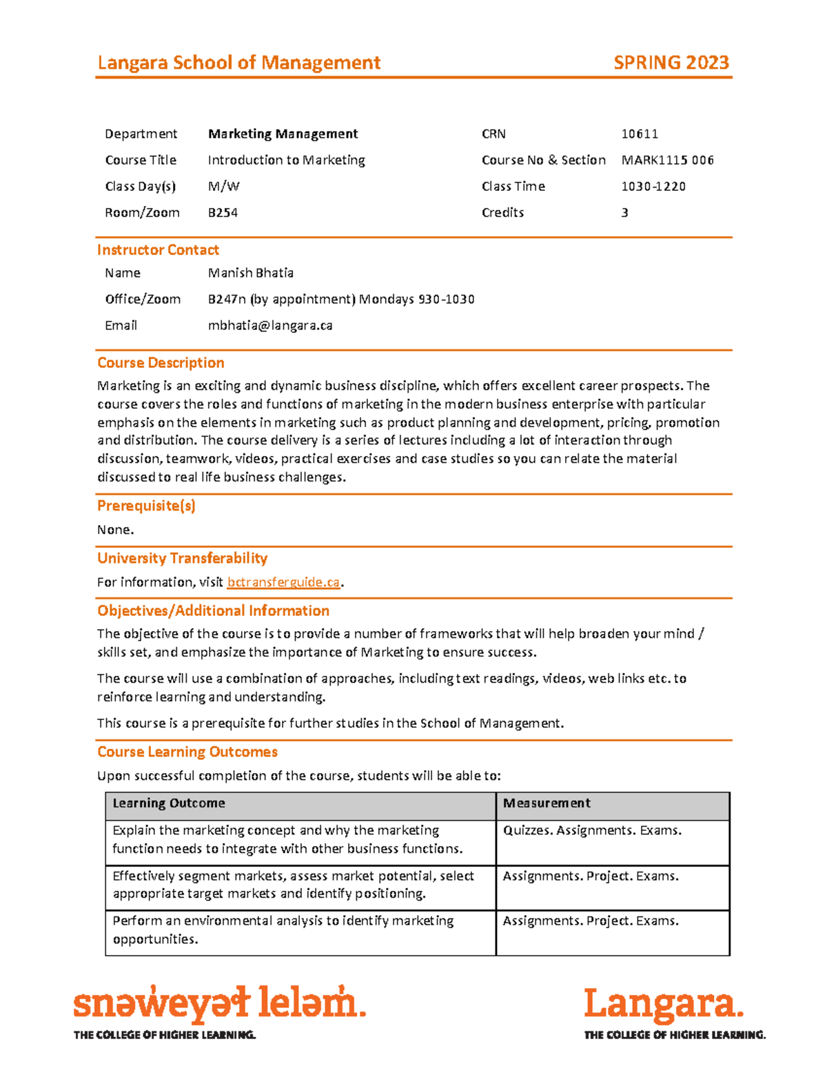 Course Outline - 2022/2023 - Department Marketing Management CRN 10611 ...