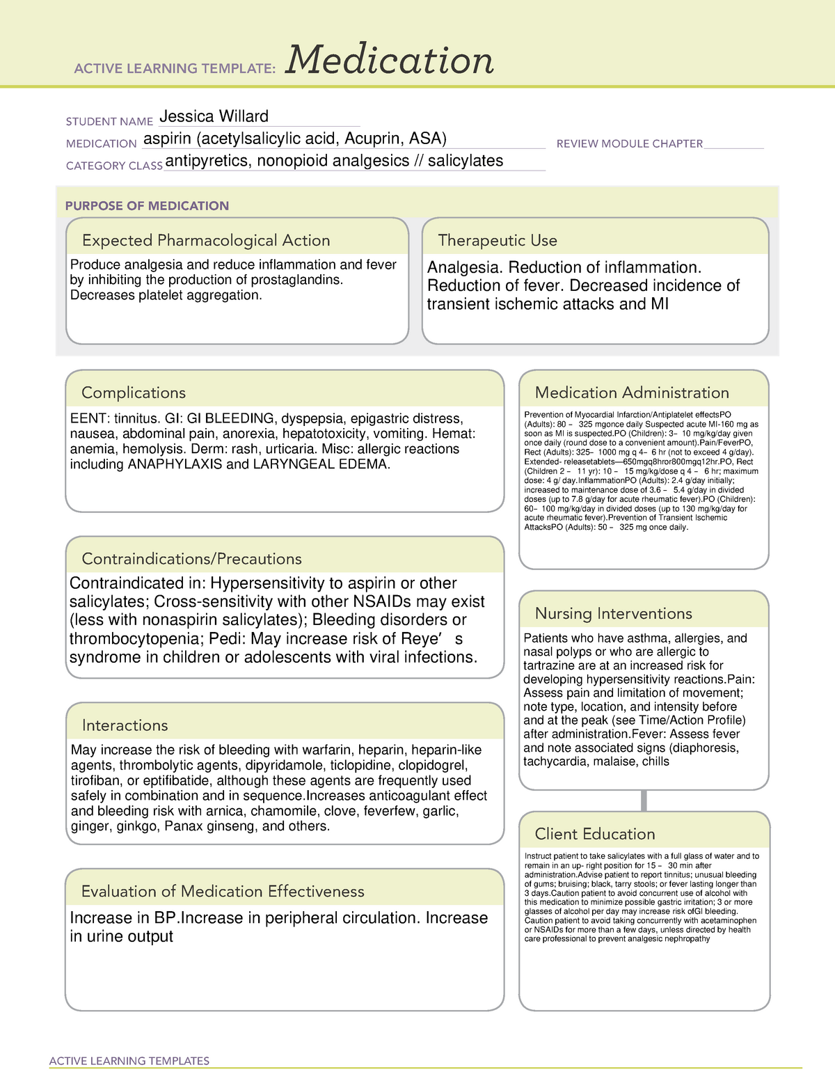 ati learning templete Aspirin ACTIVE LEARNING TEMPLATES Medication
