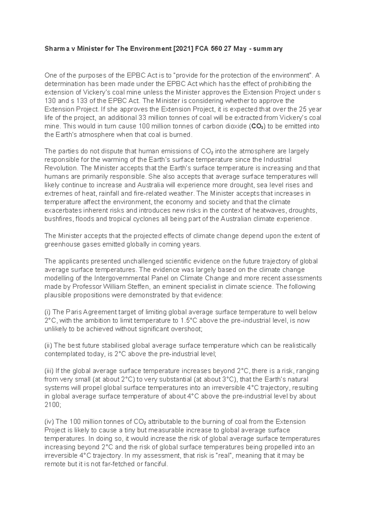 Sharma v Minister Environment Summary Sharma v Minister for The Environment [2021] FCA 560 27