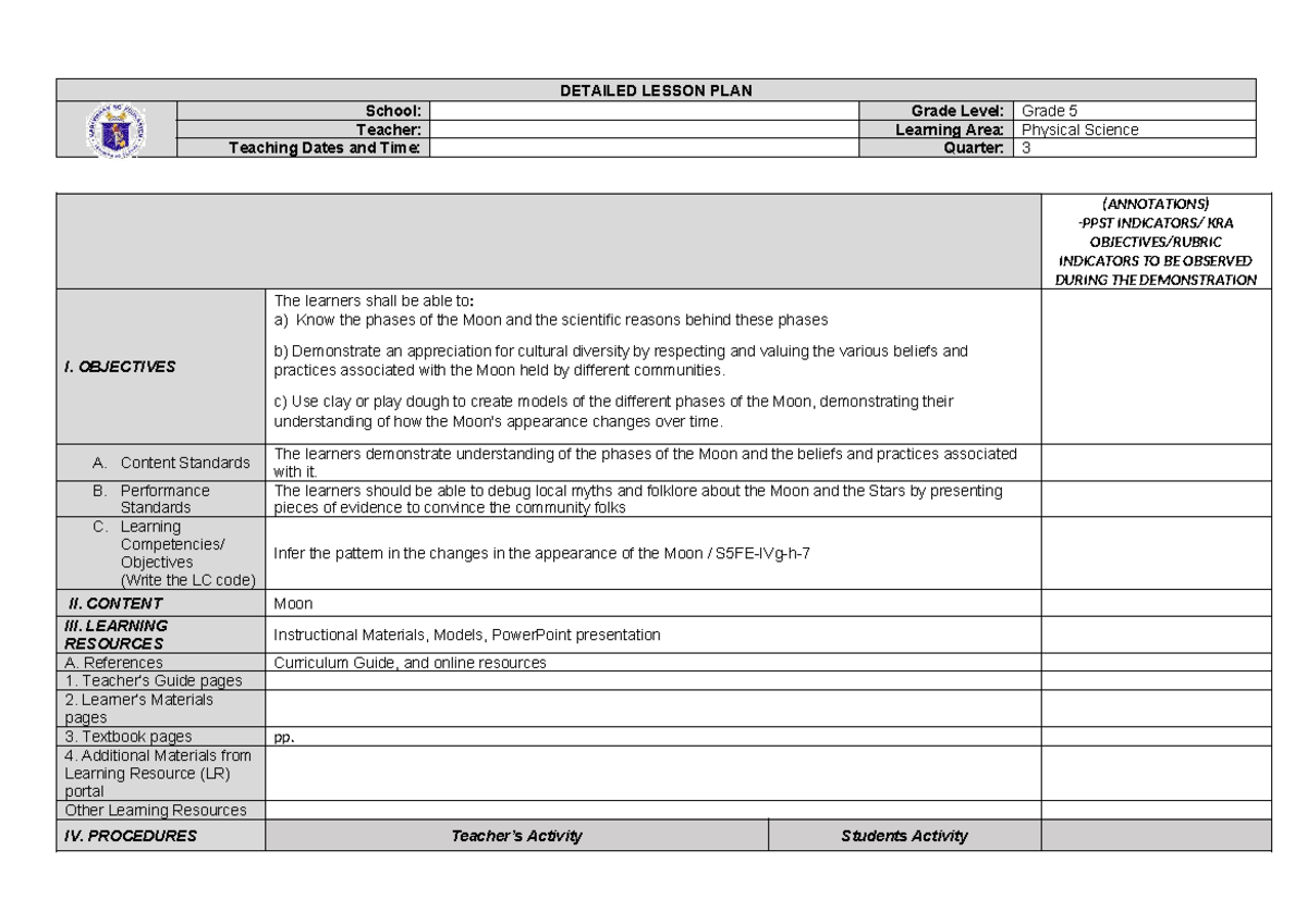 Deped DLP - Sample Lesson Plan - DETAILED LESSON PLAN School: Grade ...