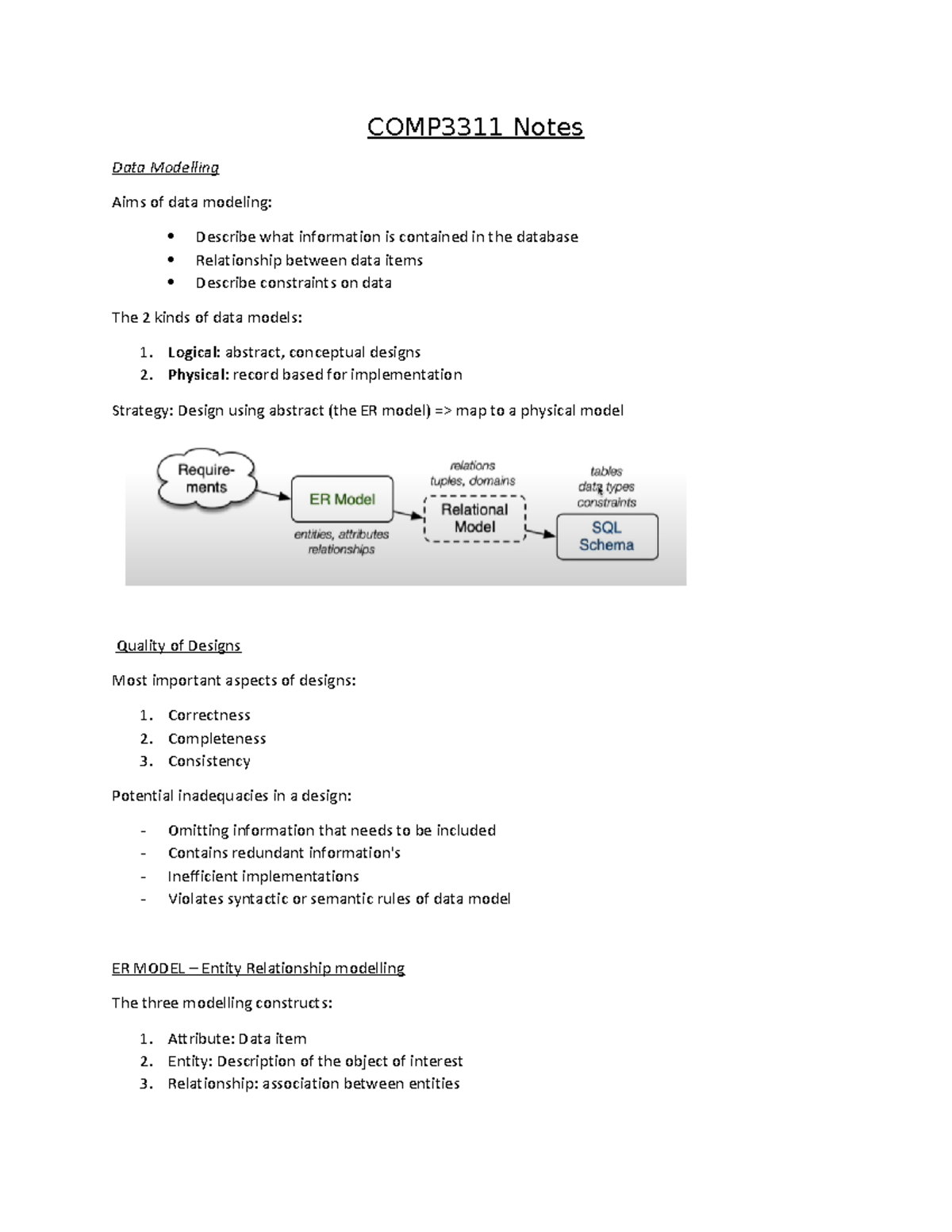 COMP3311 notes - Nothing more - COMP3311 Notes Data Modelling Aims of ...