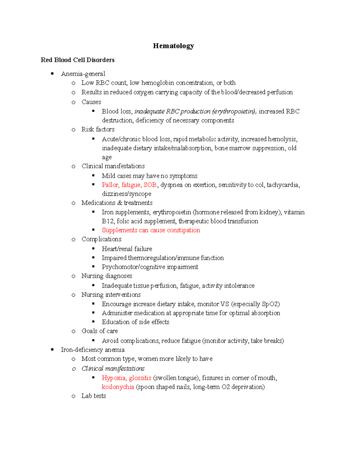 Medsurge II Exam 2 Study Guide - Hematology Red Blood Cell Disorders ...