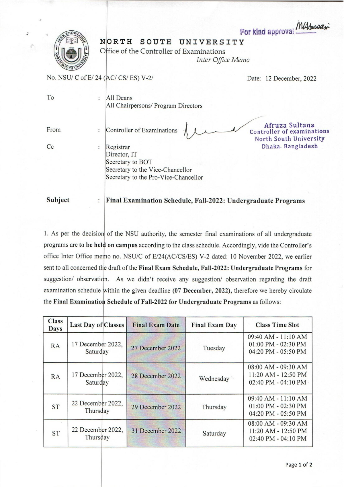 5-9365.Final Examination Schedule - Fall 2022 Undergraduate Programs ...