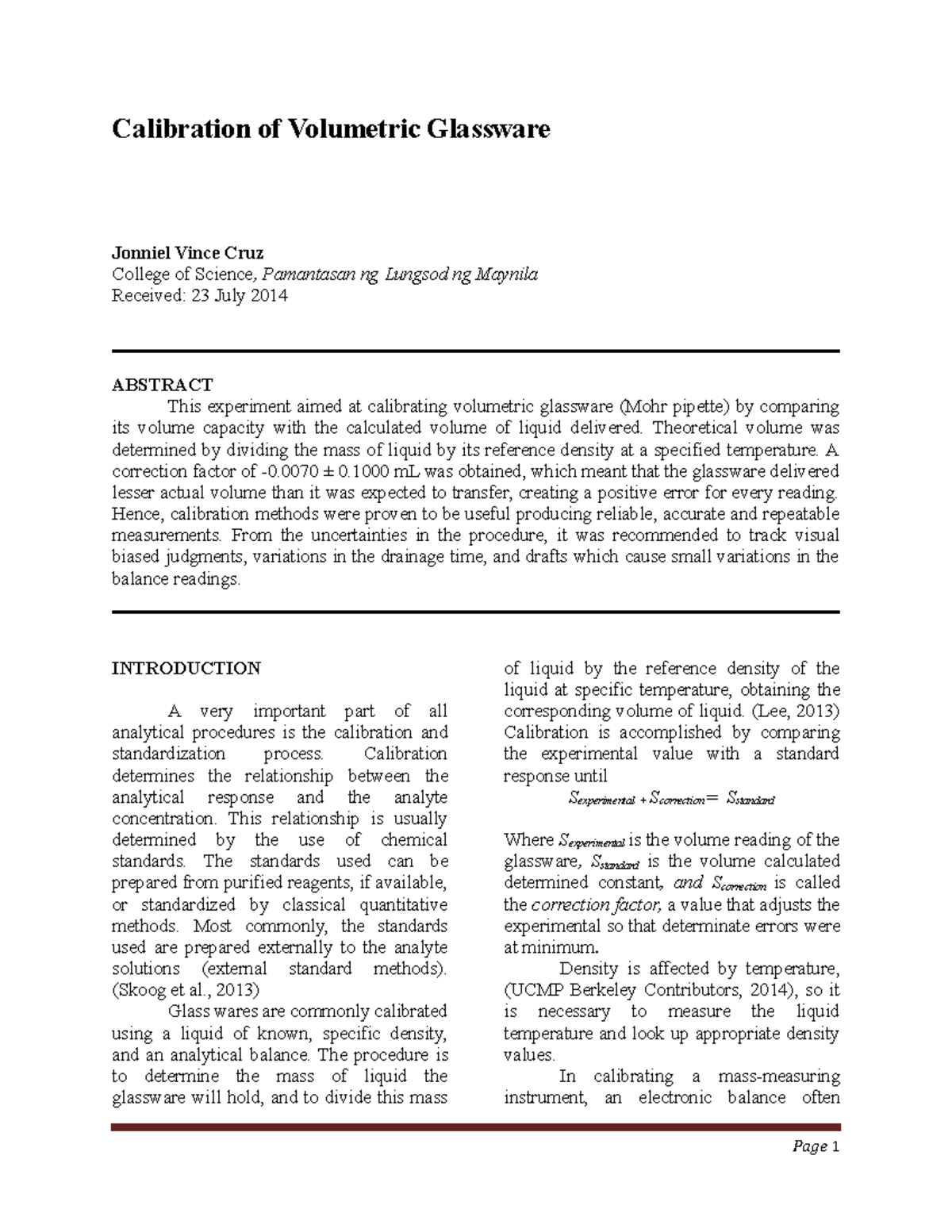 Calibration of Volumetric Glassware Proc Calibration of Volumetric