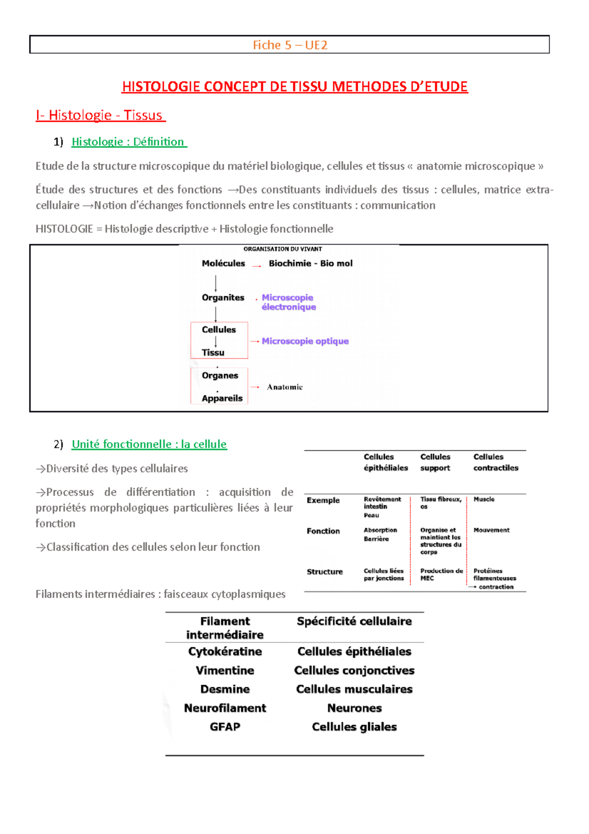 Fiche 5 - Histologie Concept DE Tissu Methodes D’ Etude - Fiche 5 – UE ...