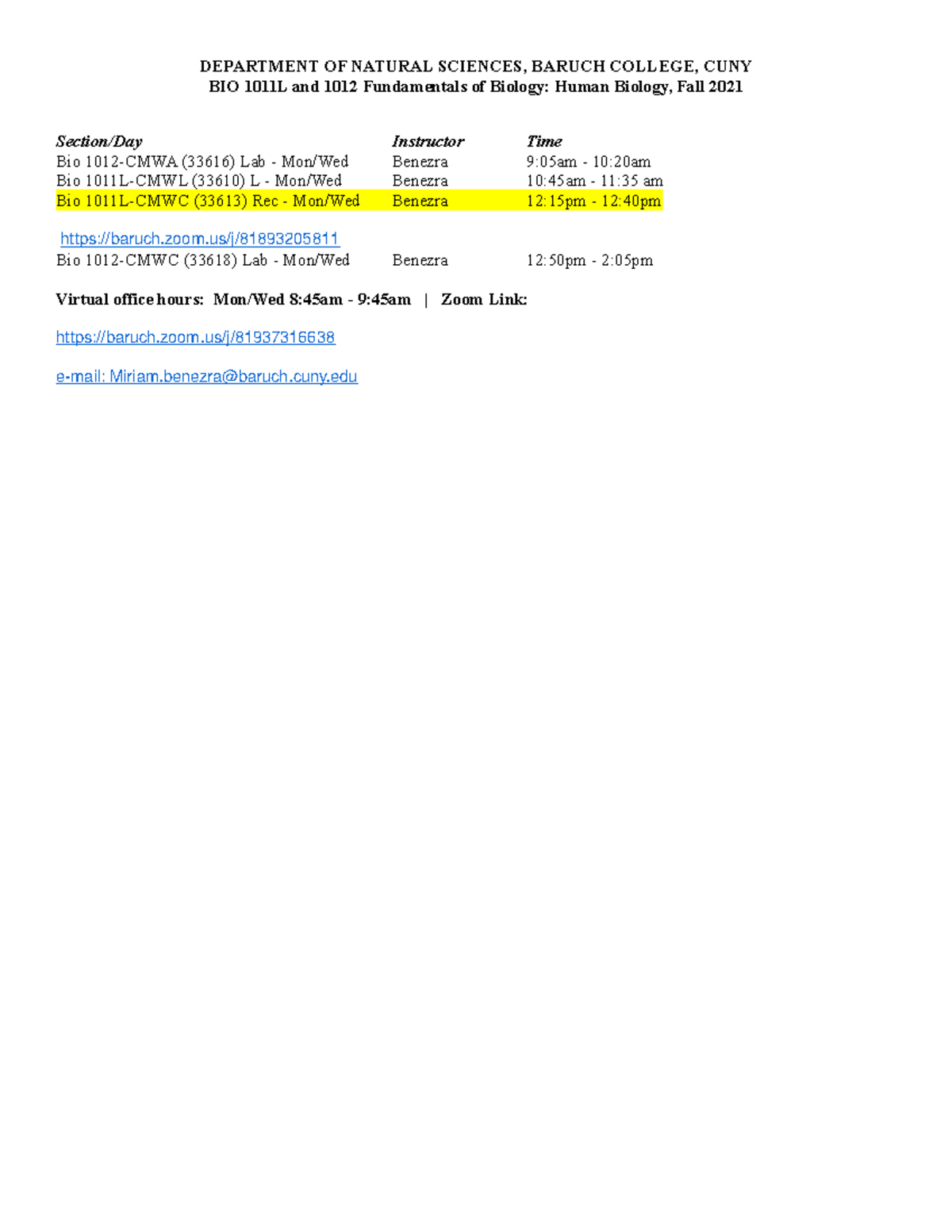 Bio 1012CMWC 33613 Rec Fall 2021 DEPARTMENT OF NATURAL SCIENCES