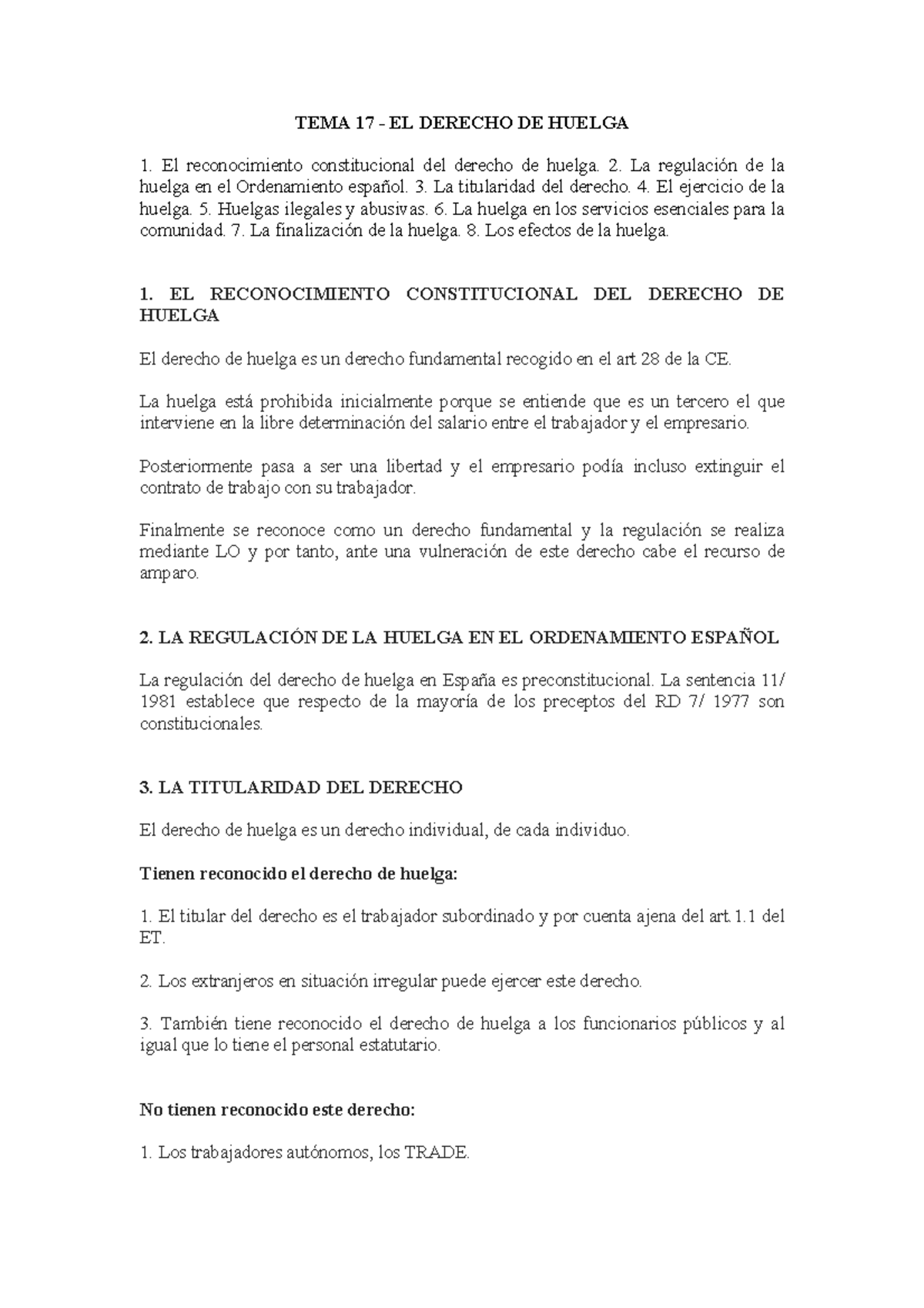 TEMA 17 Trabajo B - Tema 17 - TEMA 17 - EL DERECHO DE HUELGA El ...