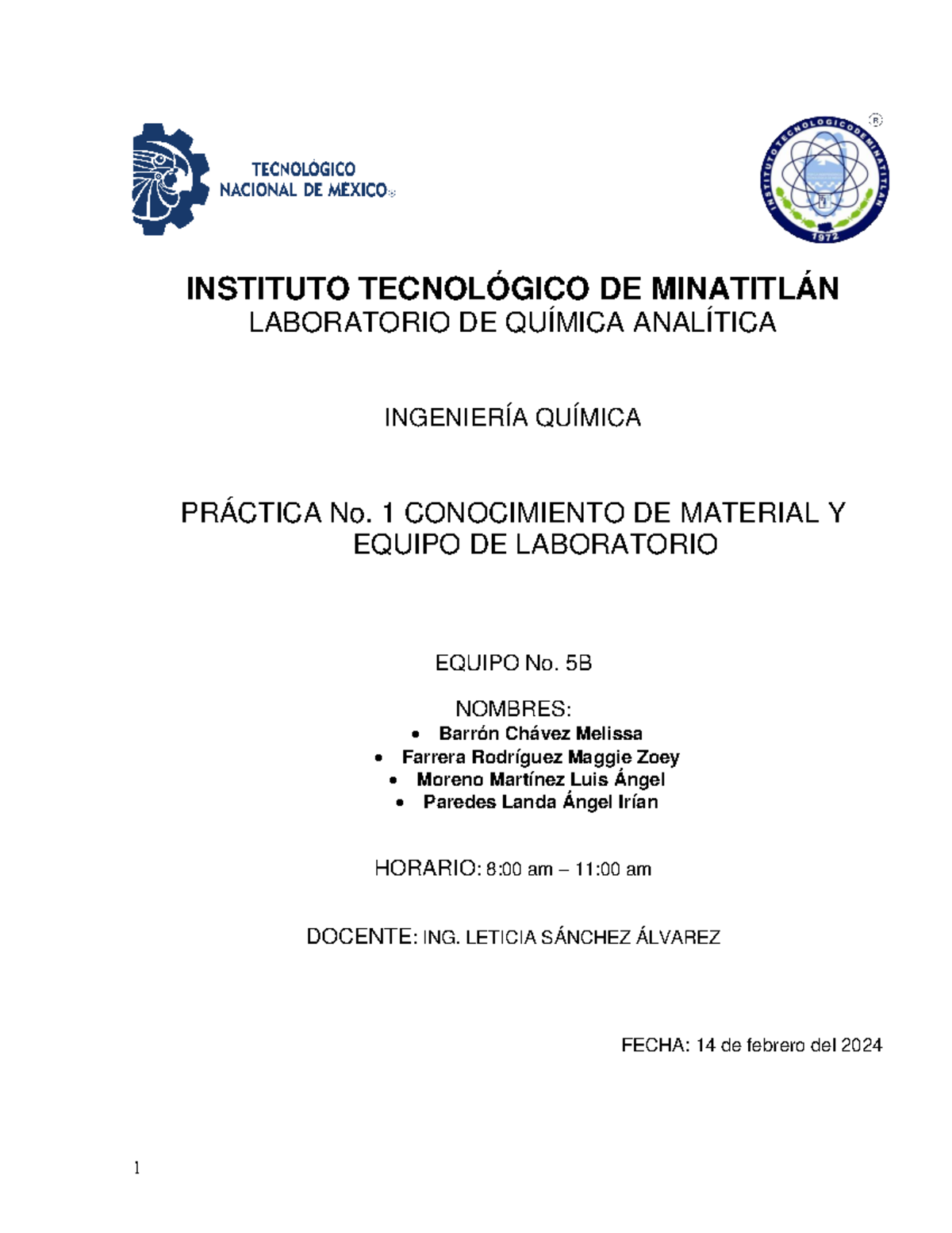 Practica No.1 Conoc.DE MAT Y EQ - INSTITUTO TECNOLÓGICO DE MINATITLÁN ...