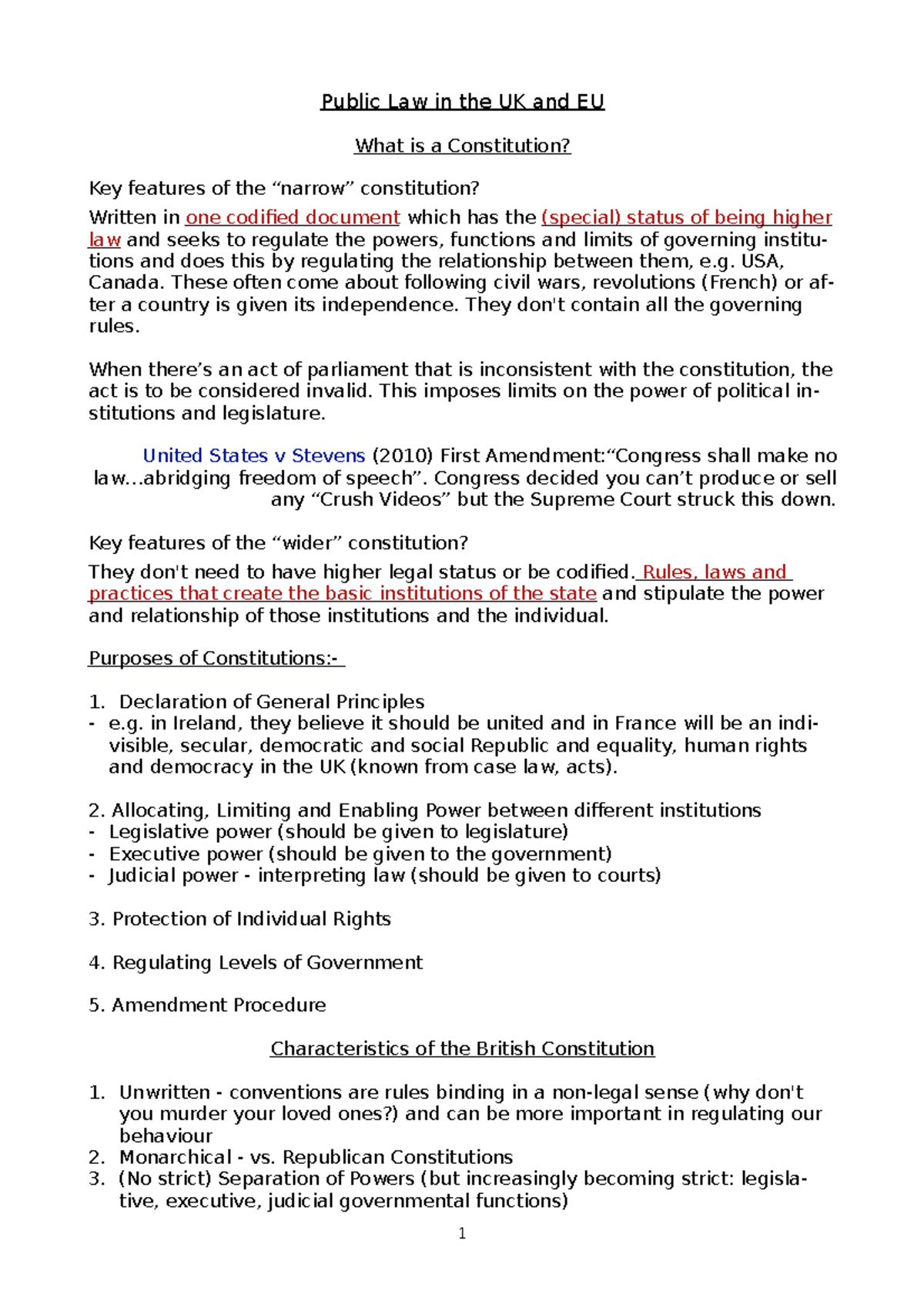 Lecture notes, lectures 1-7 - Public Law in the UK and EU What is a ...