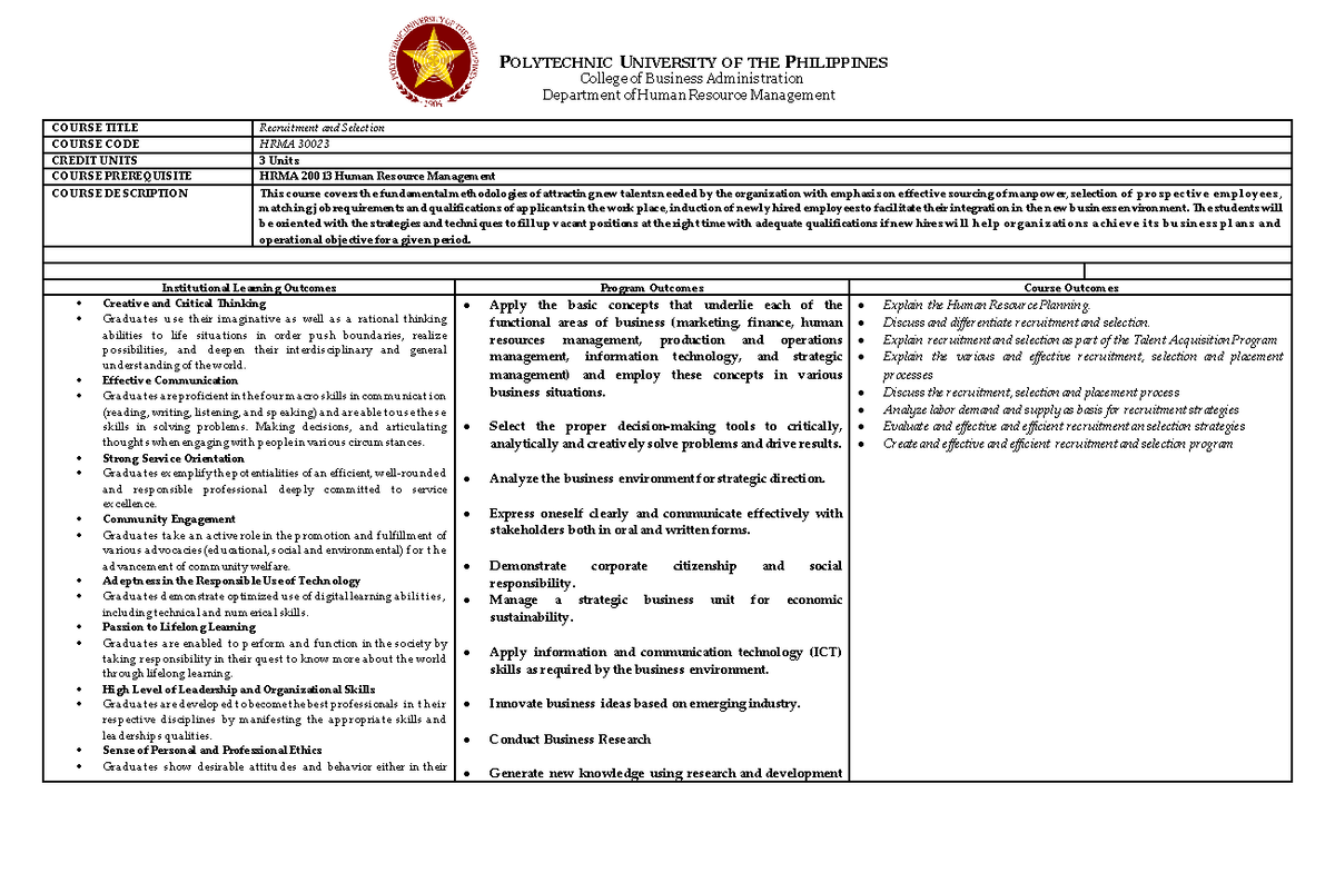 Recruitment-AND- Selection HRMA-30023 - POLYTECHNIC UNIVERSITY OF THE ...