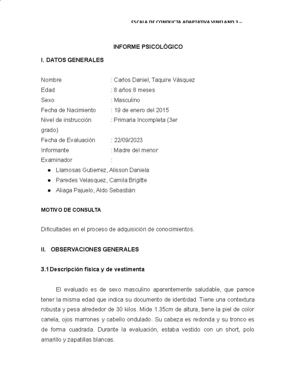 Informe+ Final+ Vineland+3+-+ Pruebas+ Psicologicas - INFORME