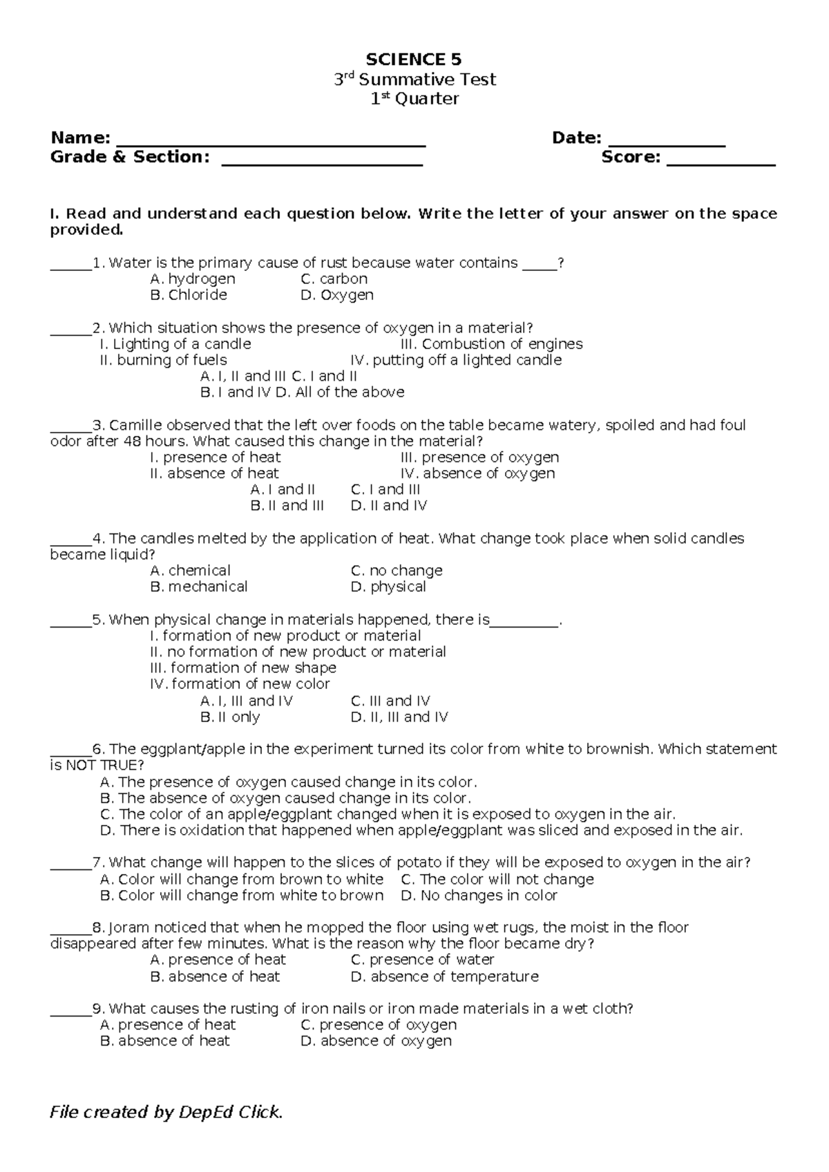 Science 5 ST 3 - SCIENCE 5 3 rd Summative Test 1 st Quarter Name: - Studocu