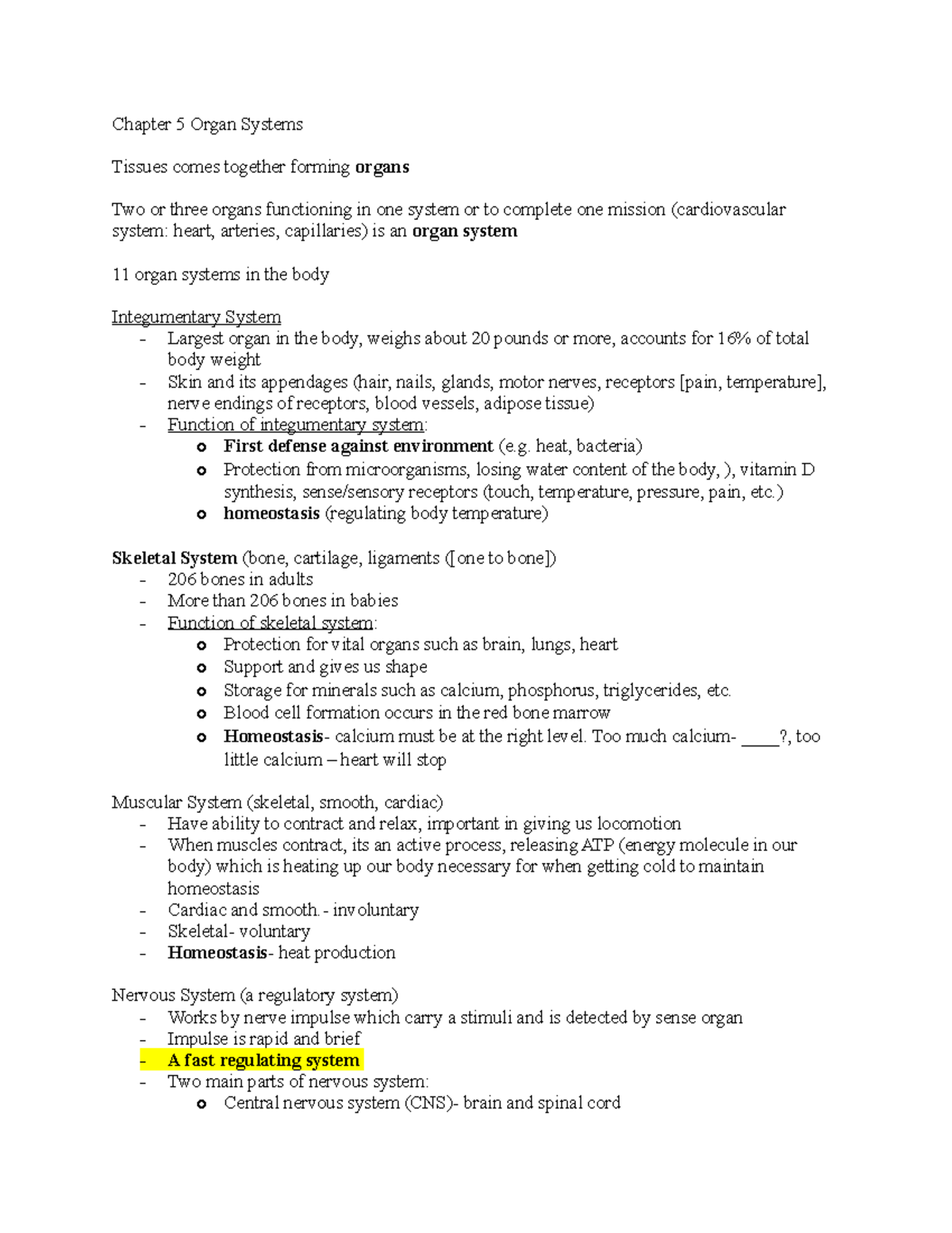 Chapter 5 Organ Systems Notes - Chapter 5 Organ Systems Tissues comes ...