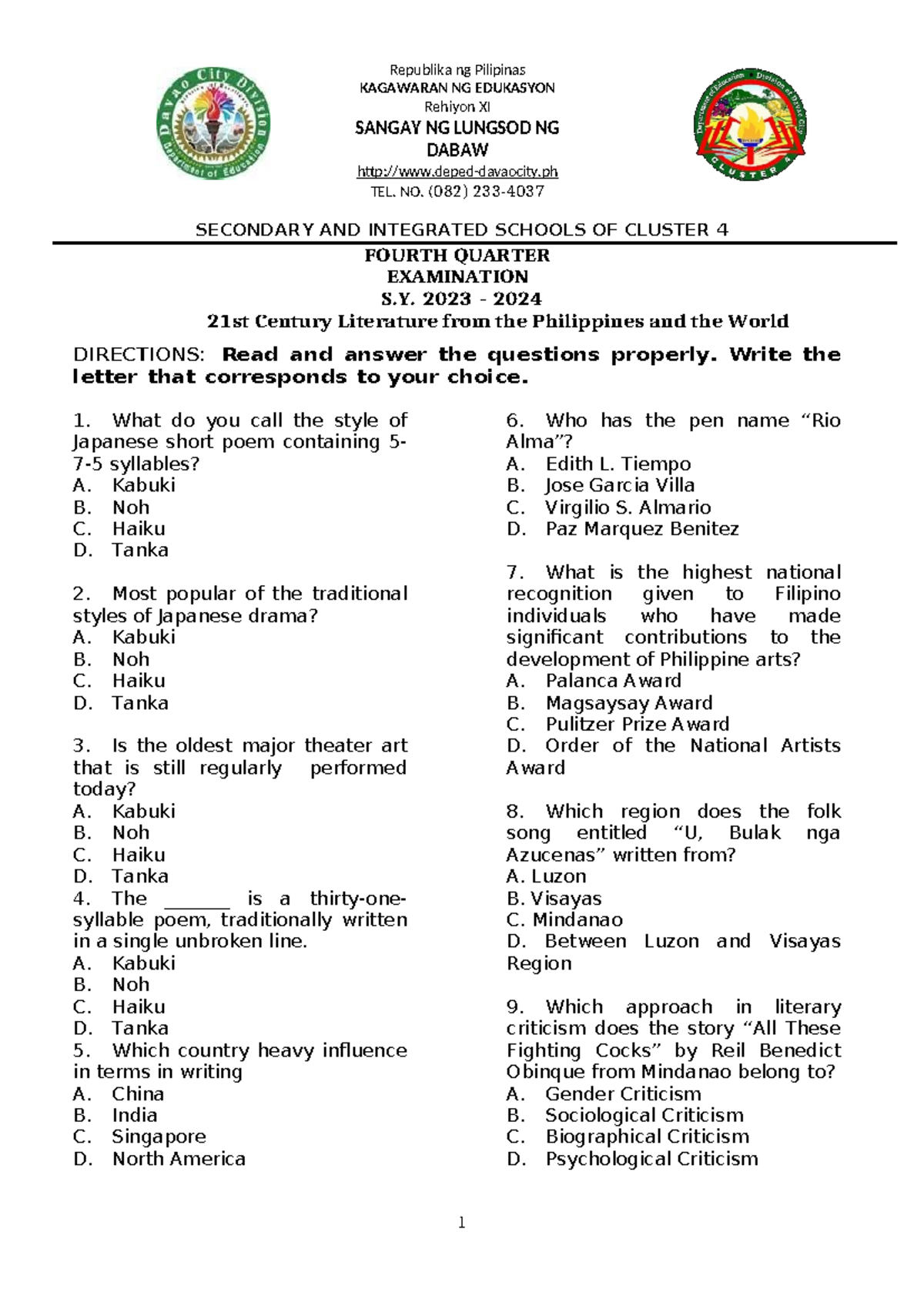 Q4 21st Century Literature - Republika ng Pilipinas KAGAWARAN NG ...