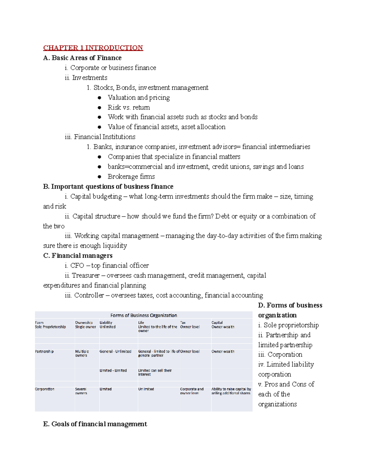 Finc test 1 - lecture notes - CHAPTER 1 INTRODUCTION A. Basic Areas of ...