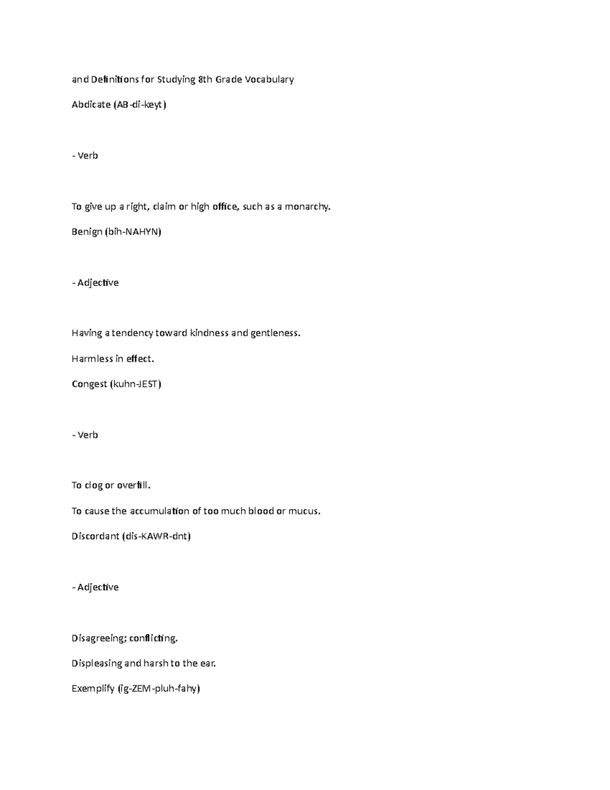 Words - None - and Definitions for Studying 8th Grade ...