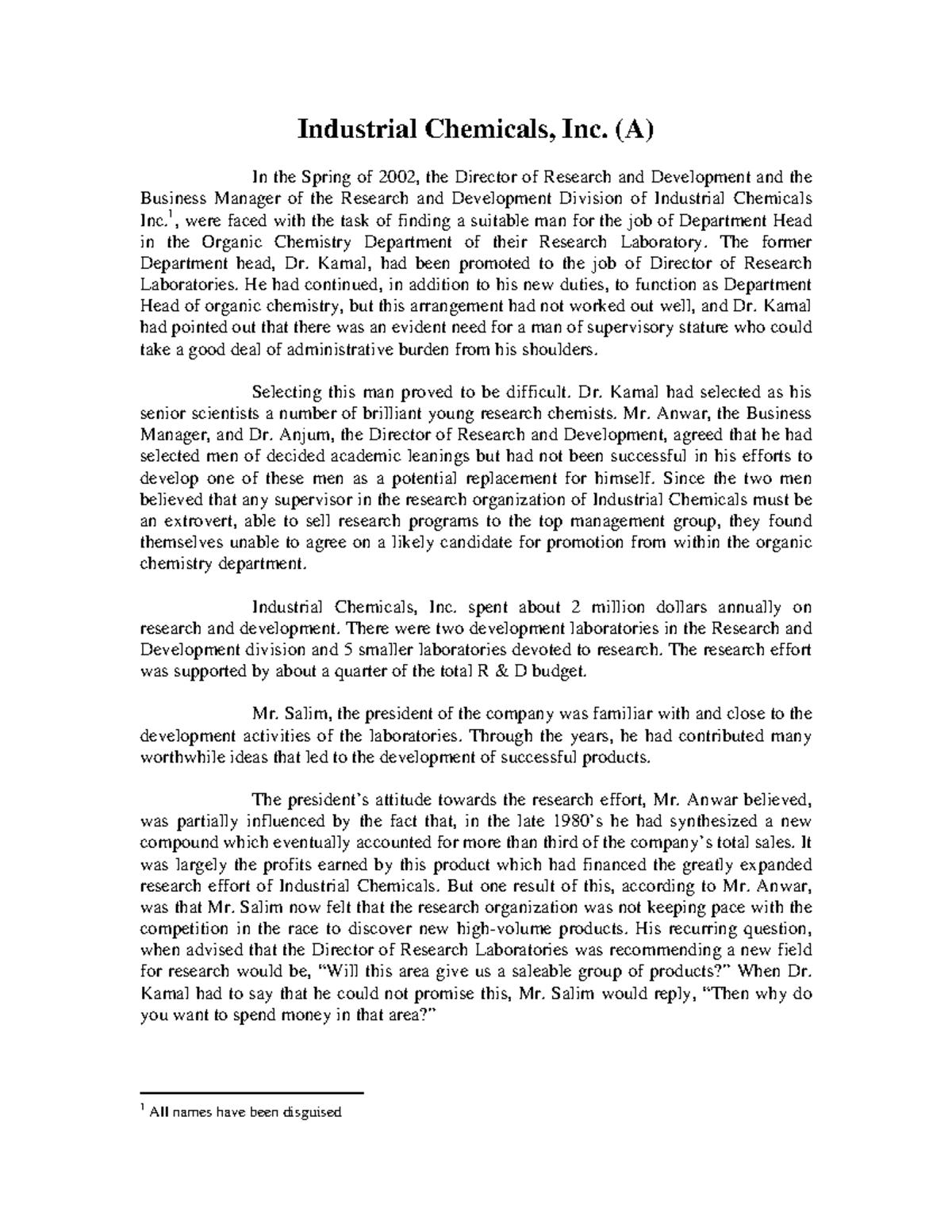 01.0Industrial Chemicals Inc A Industrial Chemicals, Inc. (A) In the