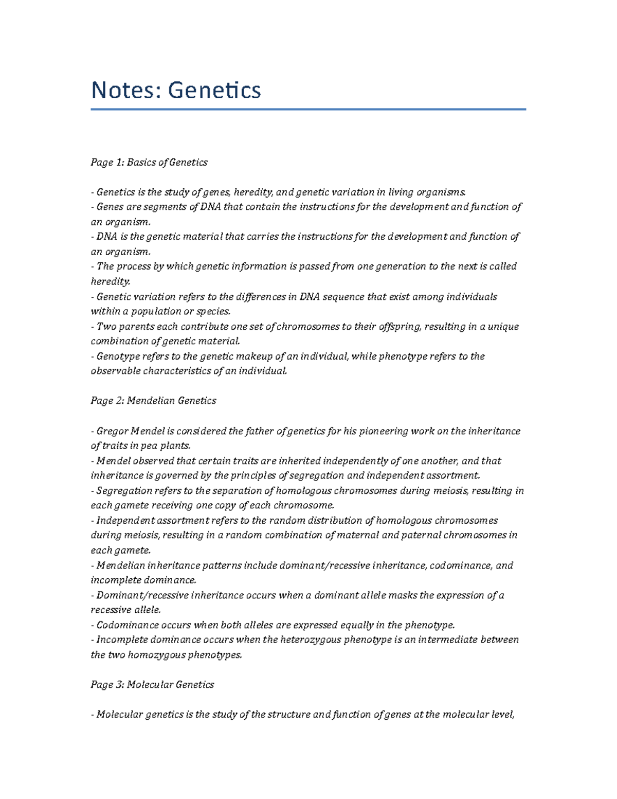 Genetics Lecture Notes - Notes: Genetics Page 1: Basics Of Genetics ...