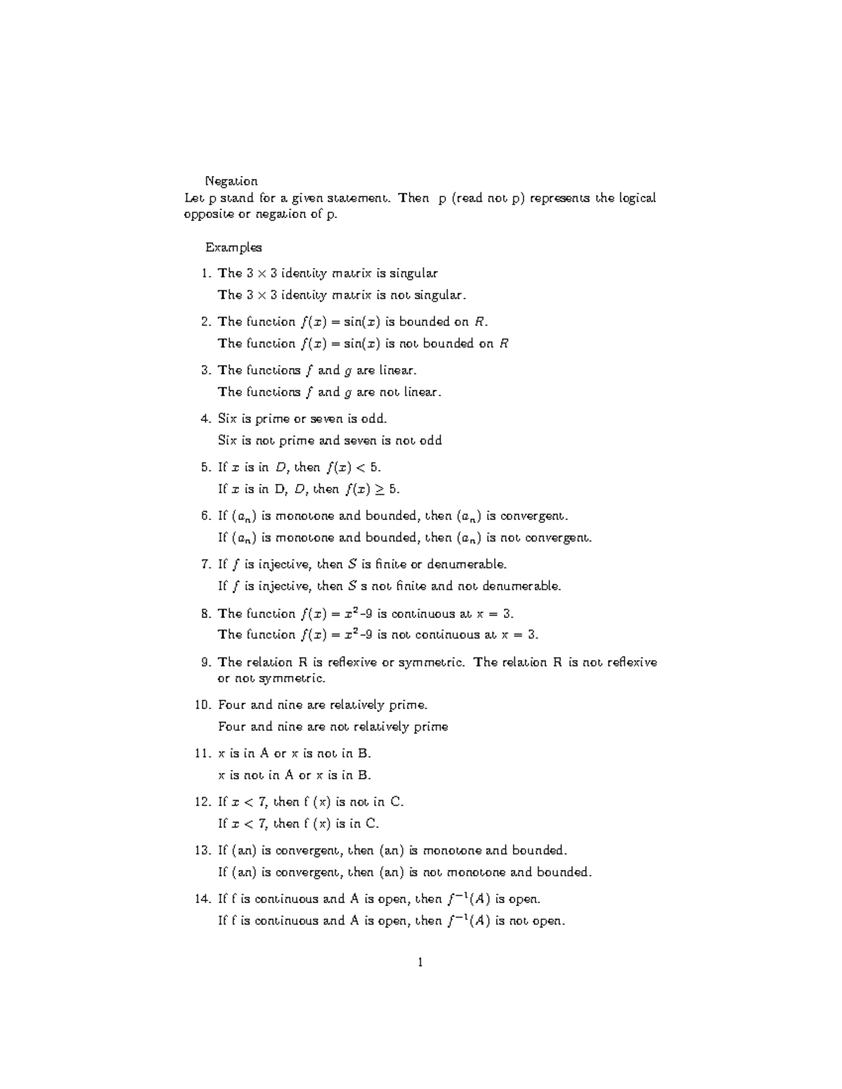 Notes on Logic and Proof - Negation Let p stand for a given statement ...