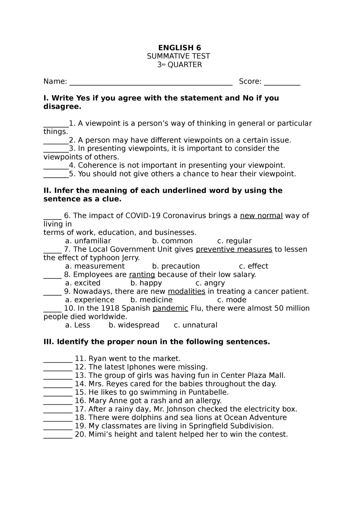 English 6 ST - Gfdlhkjghkjg Lkertoehrt - ENGLISH 6 SUMMATIVE TEST 3 RD ...