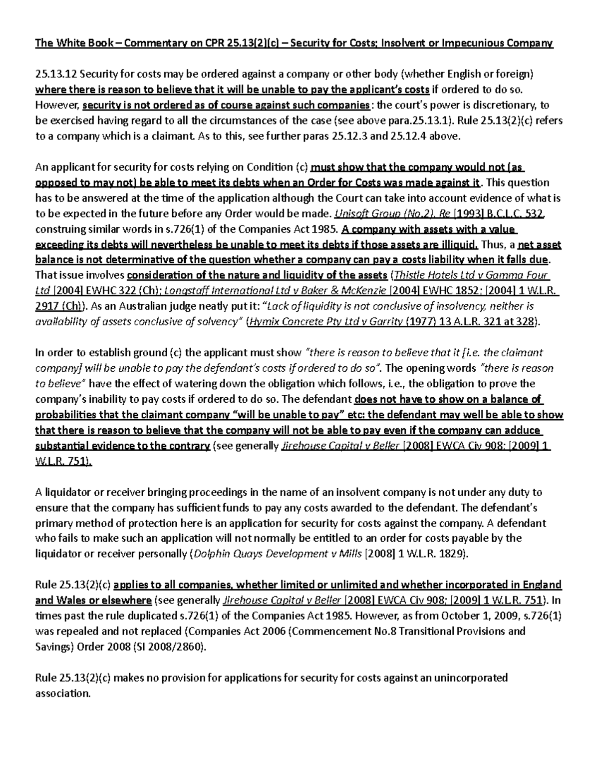 2a. The White Book Commentary on Impecuniosity The White Book