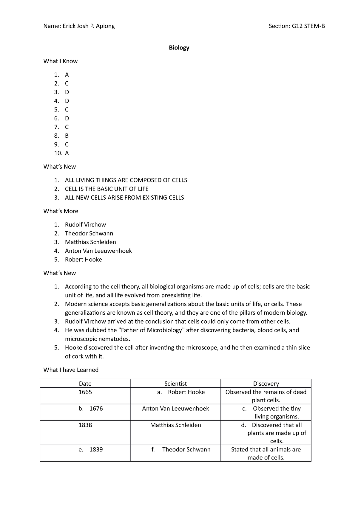 Biology First Week - Biology What I Know A C D D C D C B C A What’s New ...