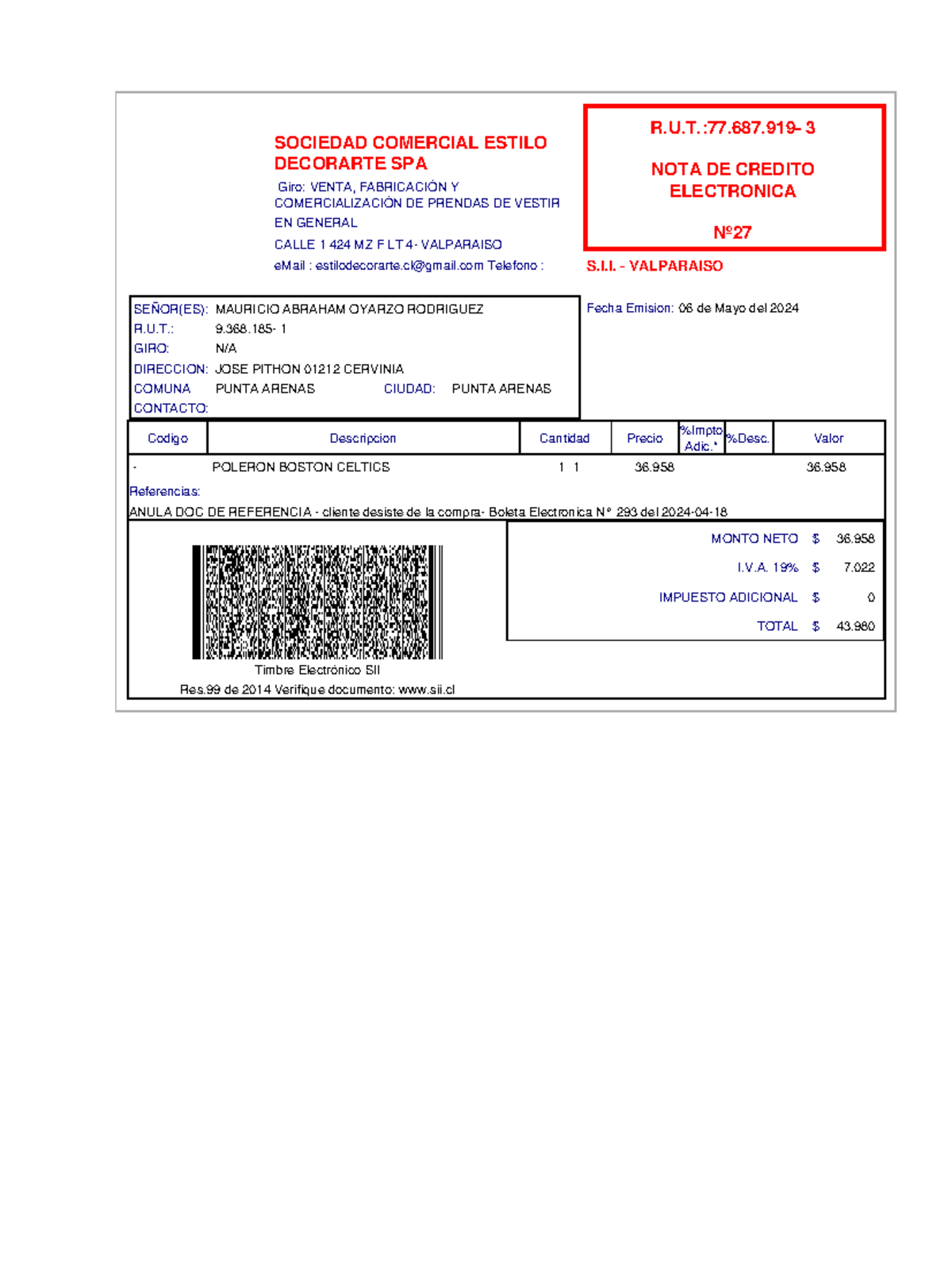 NC027 - nota de credito - SOCIEDAD COMERCIAL ESTILO DECORARTE SPA Giro ...