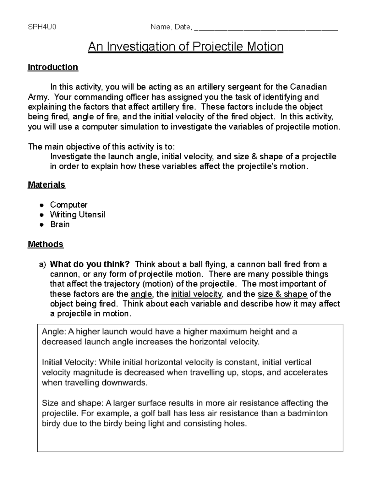 Copy of Lab - Projectile Motion - SPH4U0 Name, Date ...
