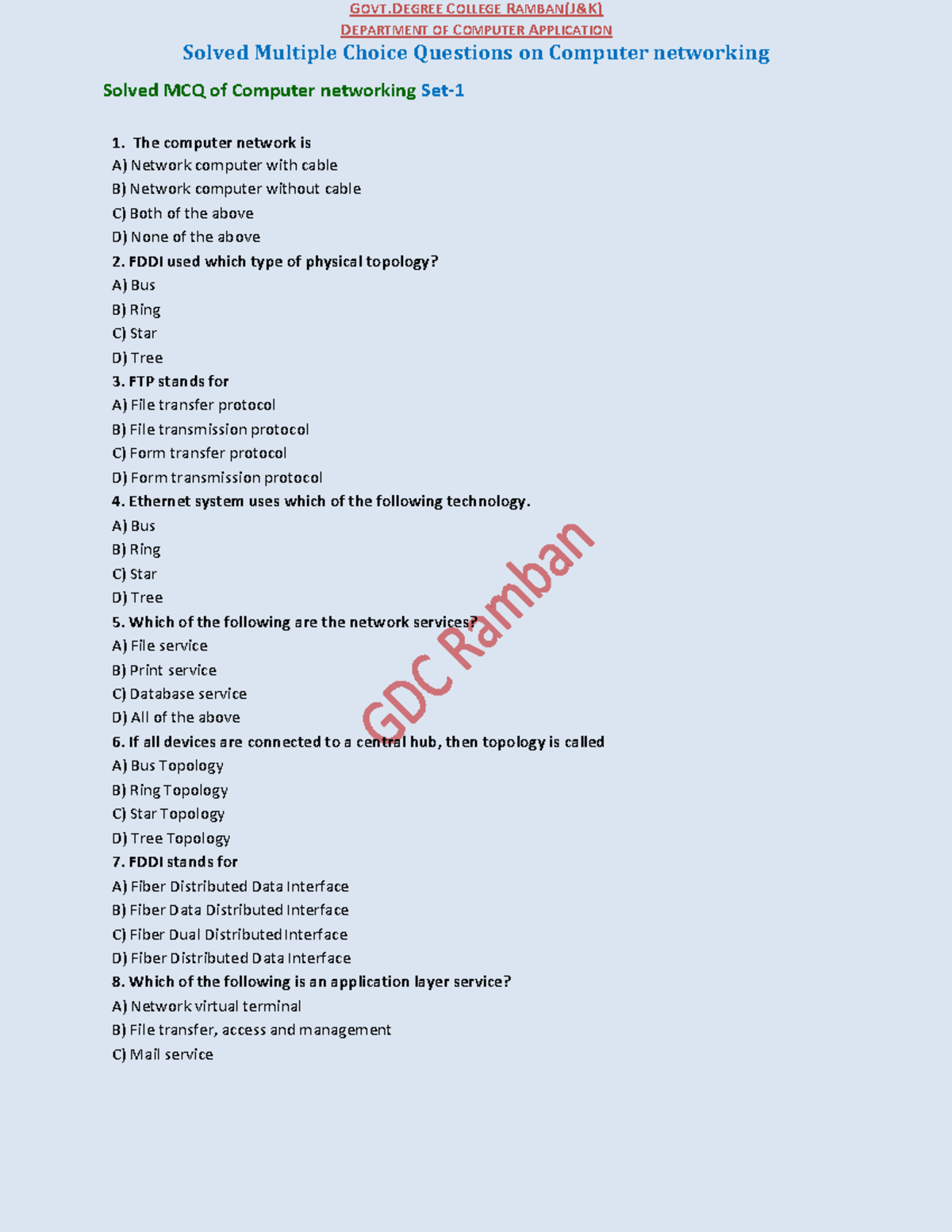 Networking mcq sem 6 DEPARTMENT OF COMPUTER APPLICATION Solved