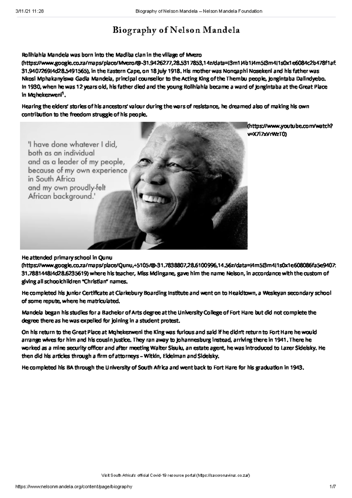 Biography of Nelson Mandela – Nelson Mandela Foundation - Biography of ...