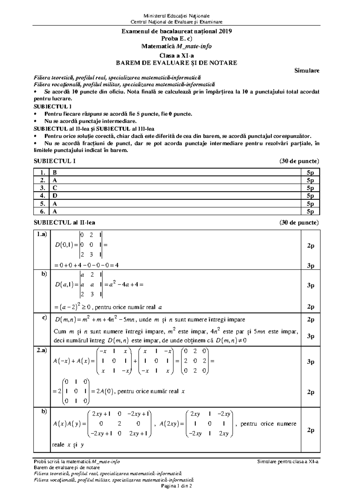 E c XI matematica M mateinfo 2019 bar simulare LRO Ministerul